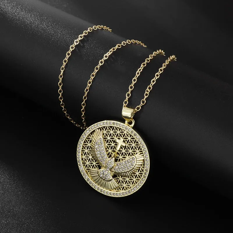 Brand New Gold Color Holy Spirit Pendant Ladies Men Casual Zircon Chain Necklace Religious Jewelry Gift