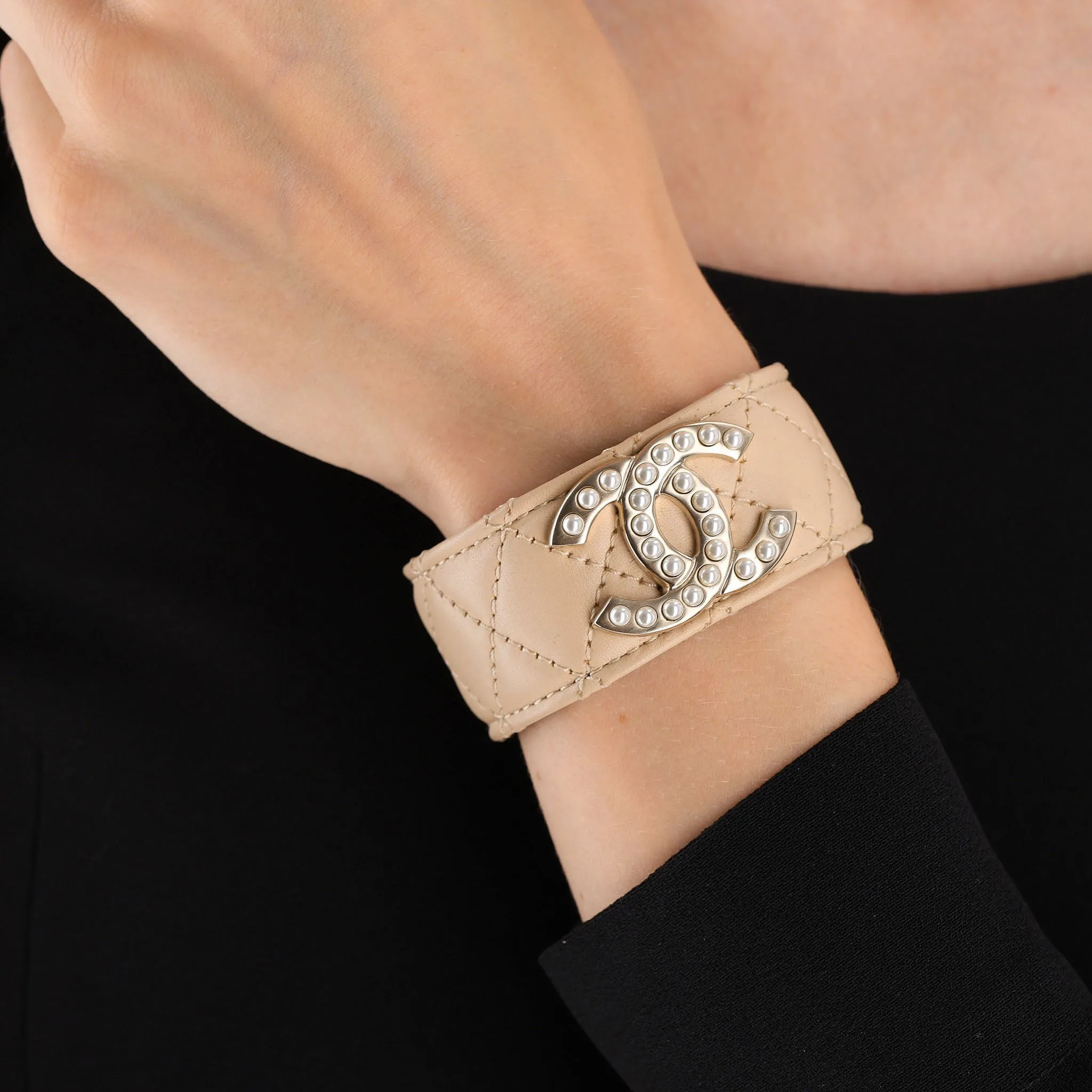 Chanel Quilted Leather Cuff Bracelet With Pearl 'CC' Logo