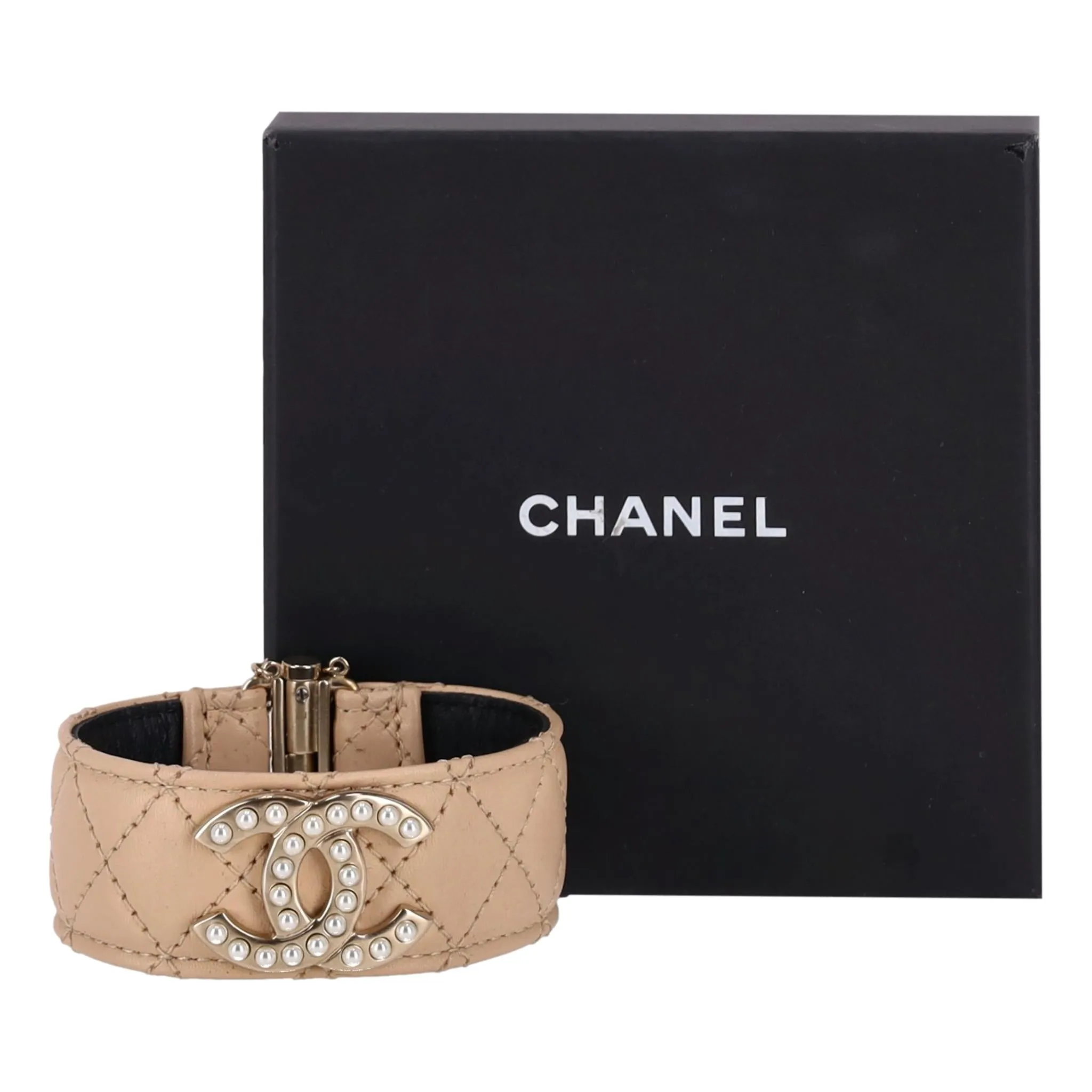 Chanel Quilted Leather Cuff Bracelet With Pearl 'CC' Logo