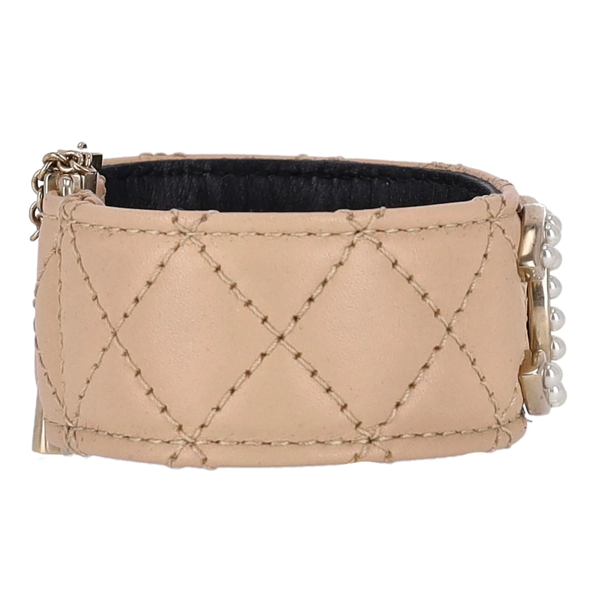 Chanel Quilted Leather Cuff Bracelet With Pearl 'CC' Logo