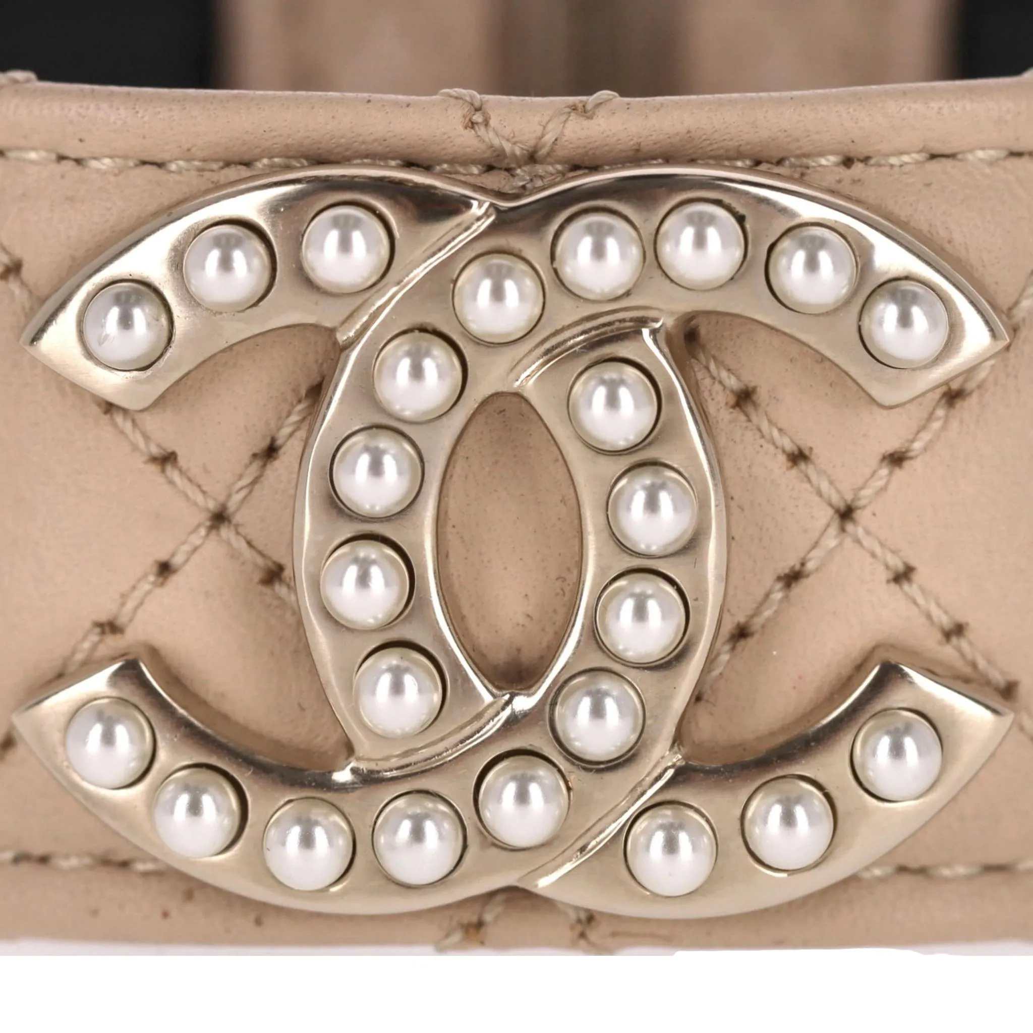 Chanel Quilted Leather Cuff Bracelet With Pearl 'CC' Logo