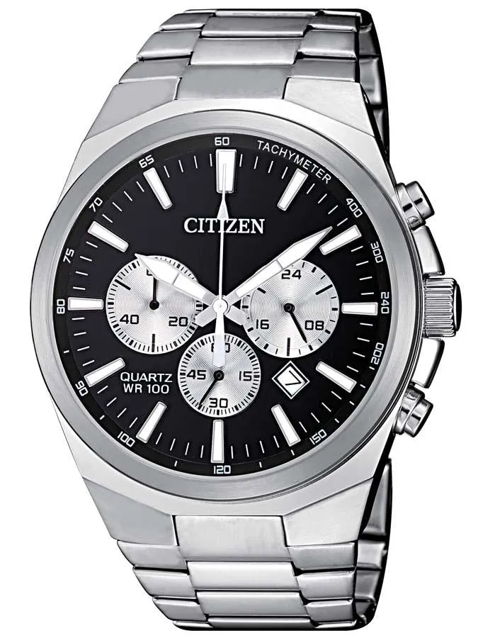 Citizen Quartz Mens Watch - Stainless Steel - Chronograph - Black Dial -Bracelet