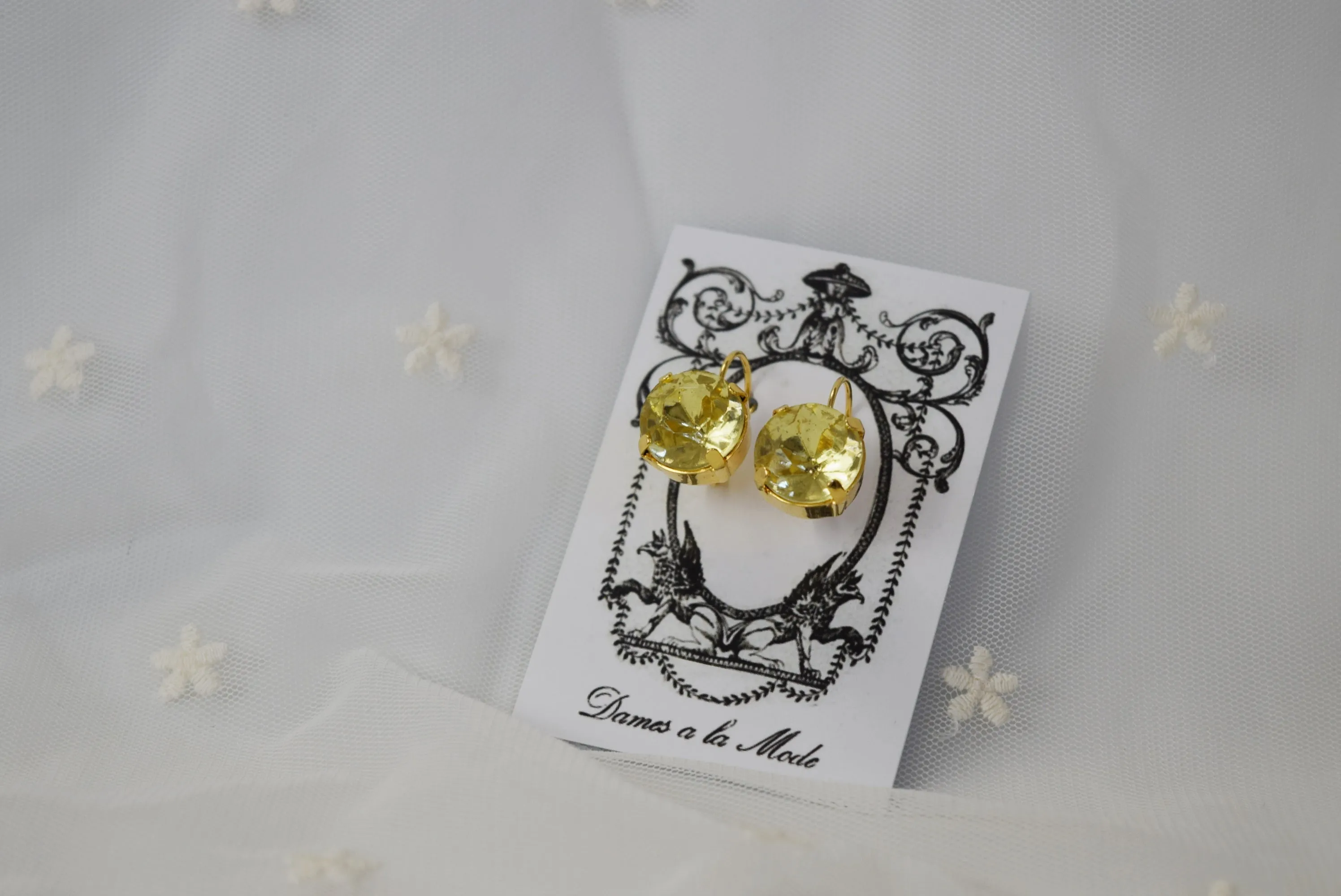 Citrine Yellow Crystal Earrings - Medium Round