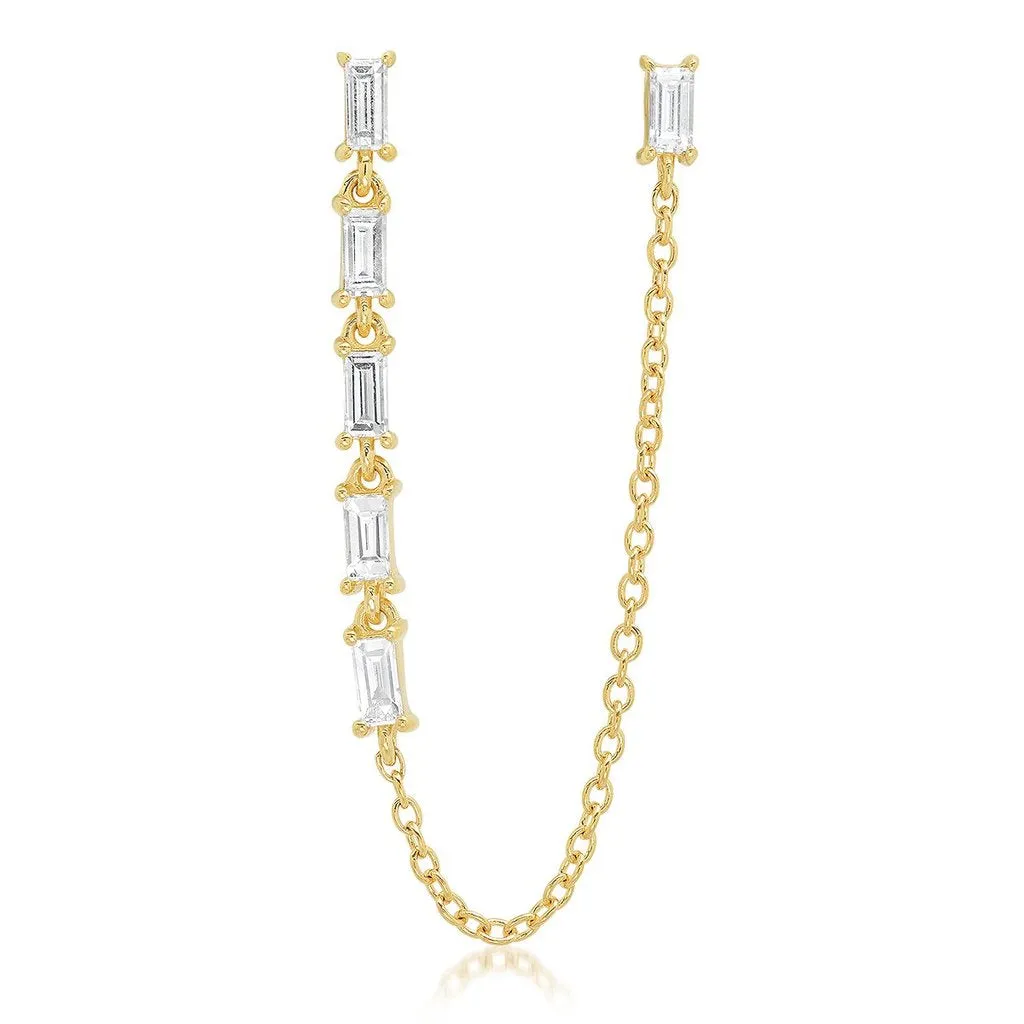 Diamond Baguette Link and Chain Double Pierce Stud