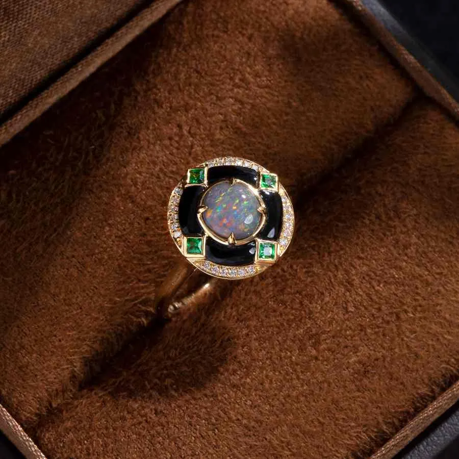 Elegant Black Opal, Diamond & Tsavorite Engagement Ring 18K Yellow Gold