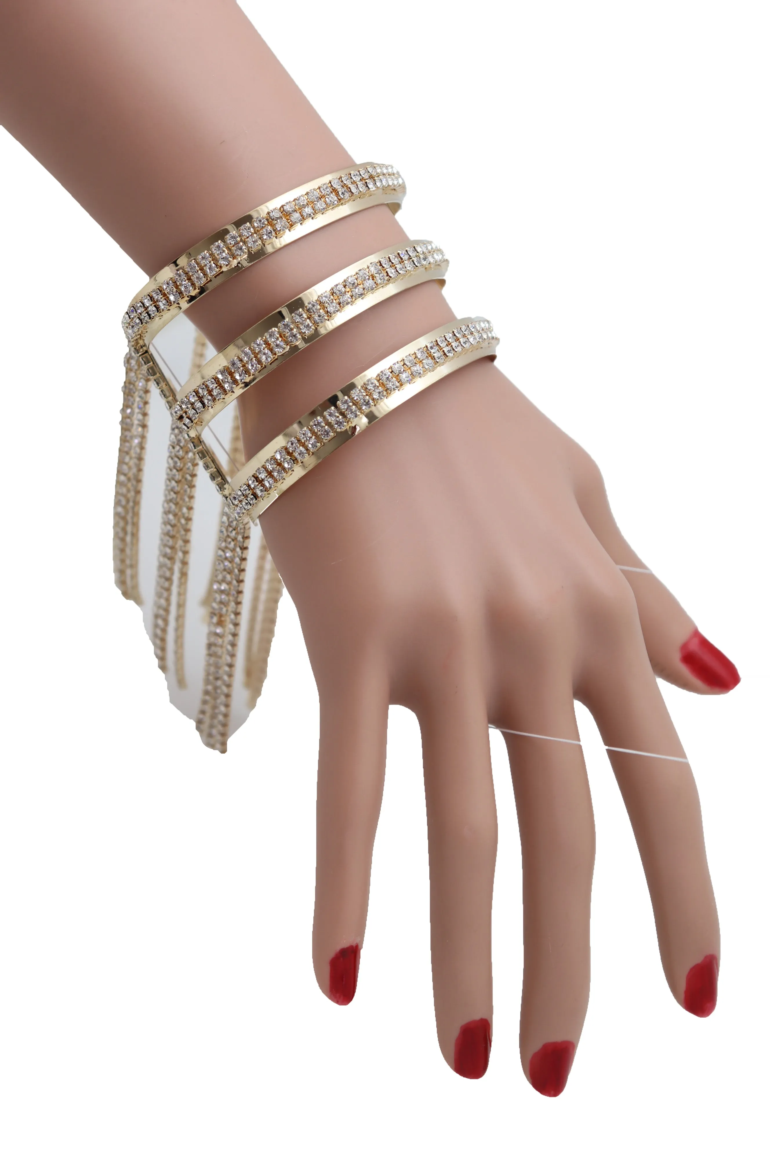 Fancy Fashion Gold Metal Cuff Bracelet Bling Long Tassel Fringes Jewelry