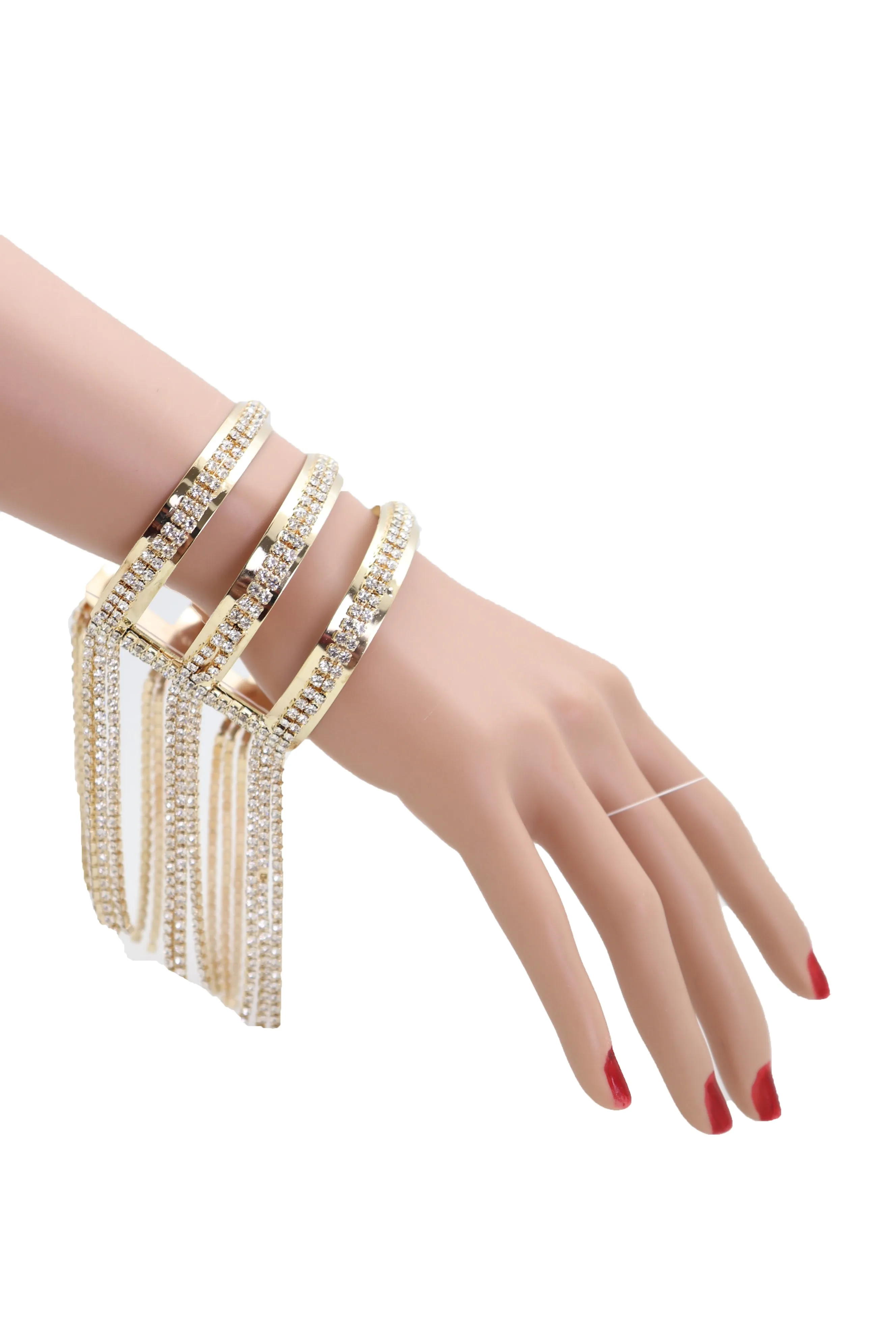 Fancy Fashion Gold Metal Cuff Bracelet Bling Long Tassel Fringes Jewelry