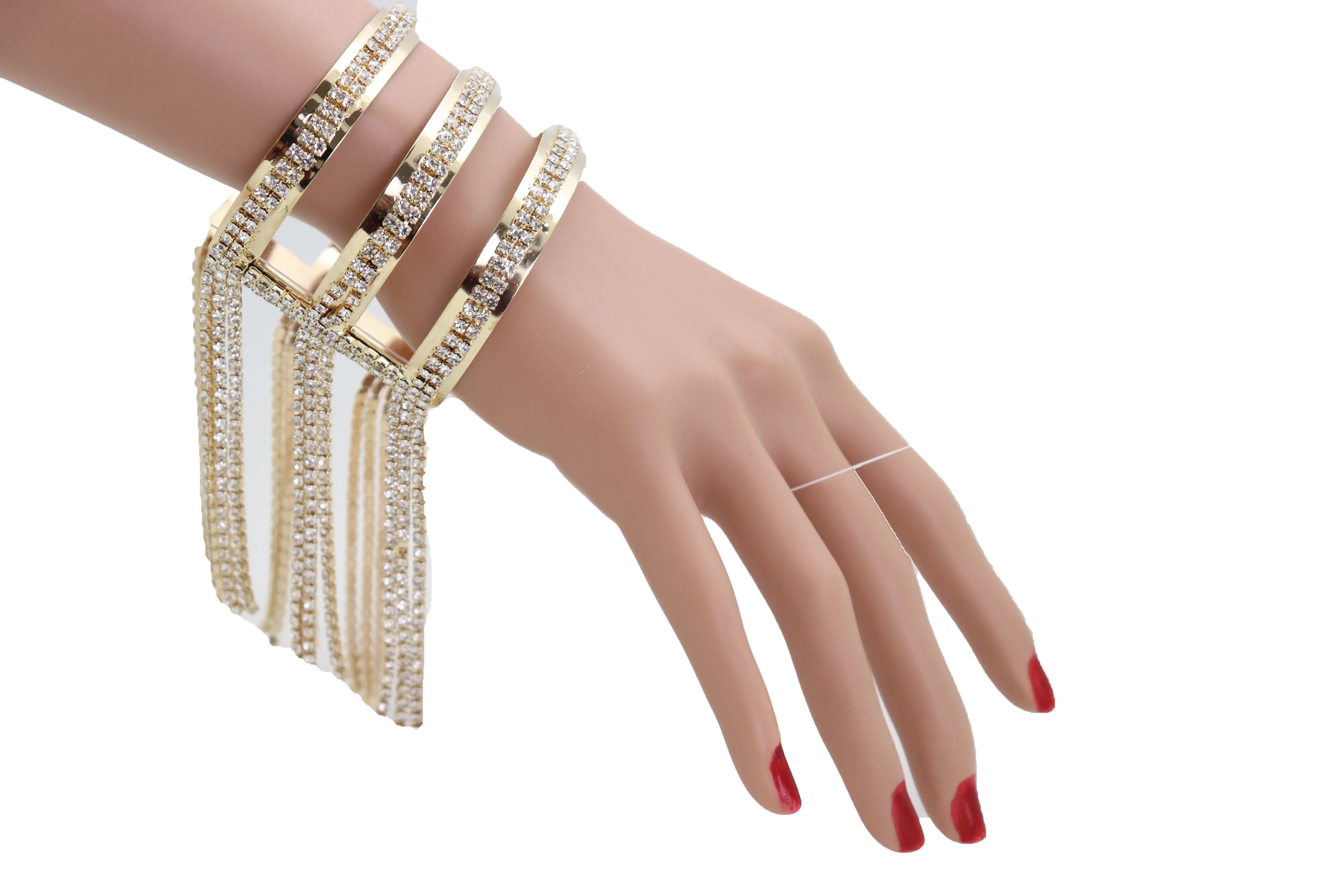 Fancy Fashion Gold Metal Cuff Bracelet Bling Long Tassel Fringes Jewelry