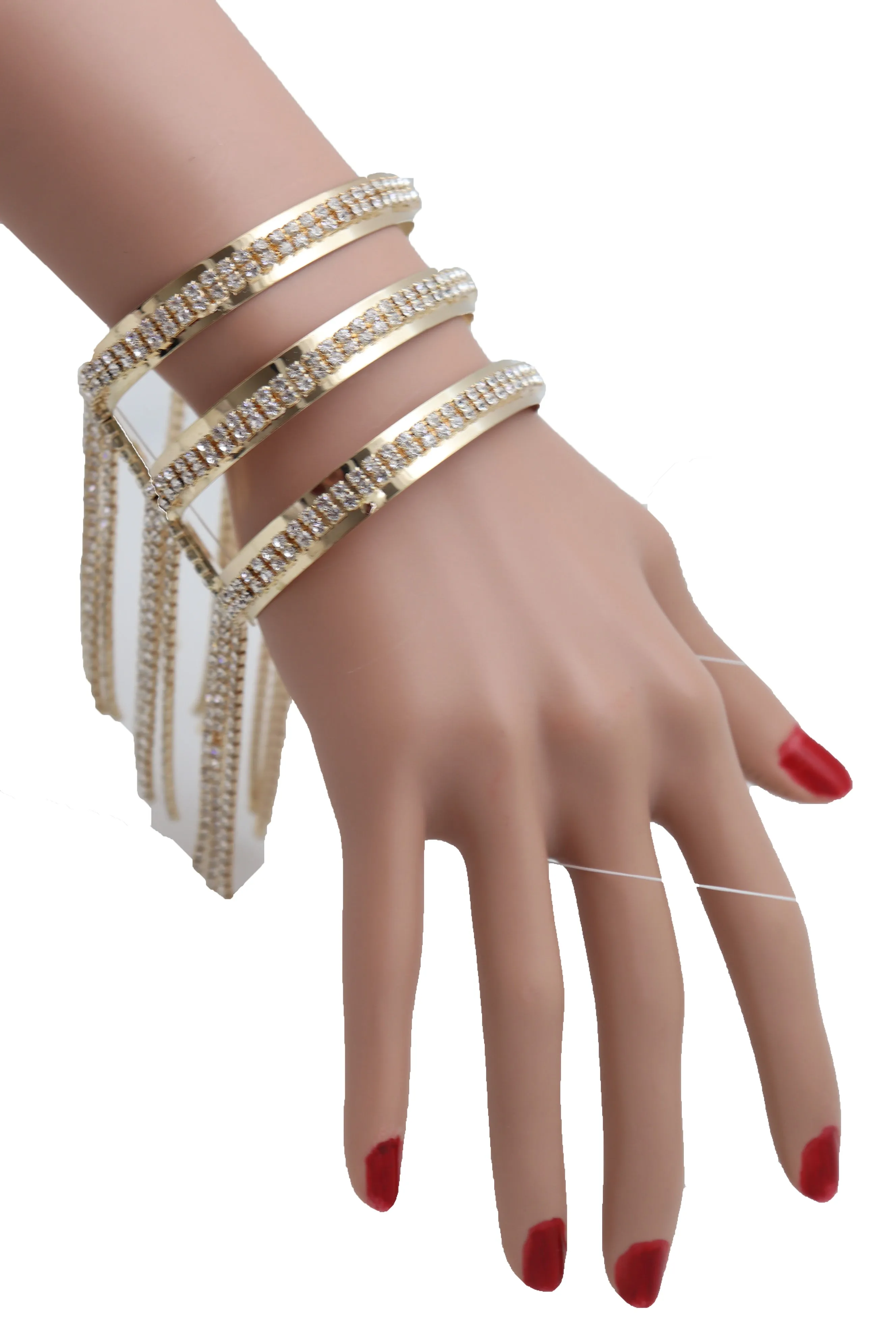 Fancy Fashion Gold Metal Cuff Bracelet Bling Long Tassel Fringes Jewelry