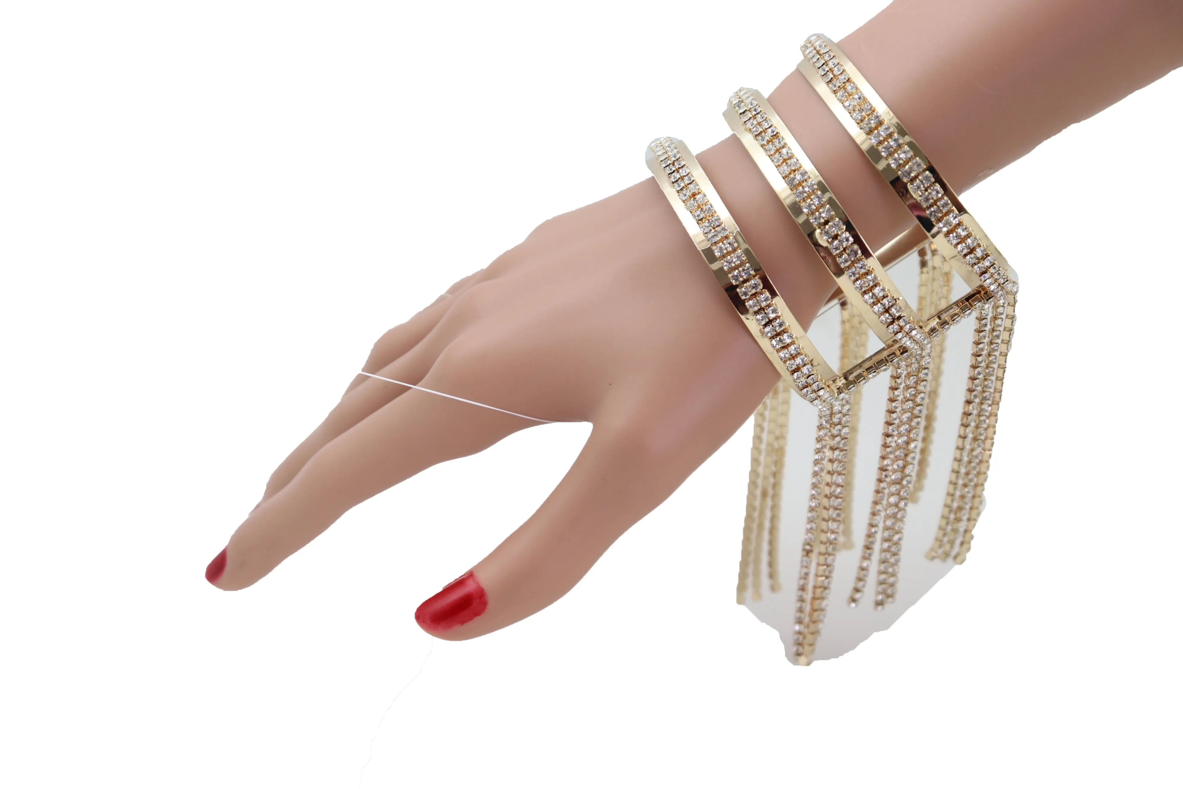 Fancy Fashion Gold Metal Cuff Bracelet Bling Long Tassel Fringes Jewelry