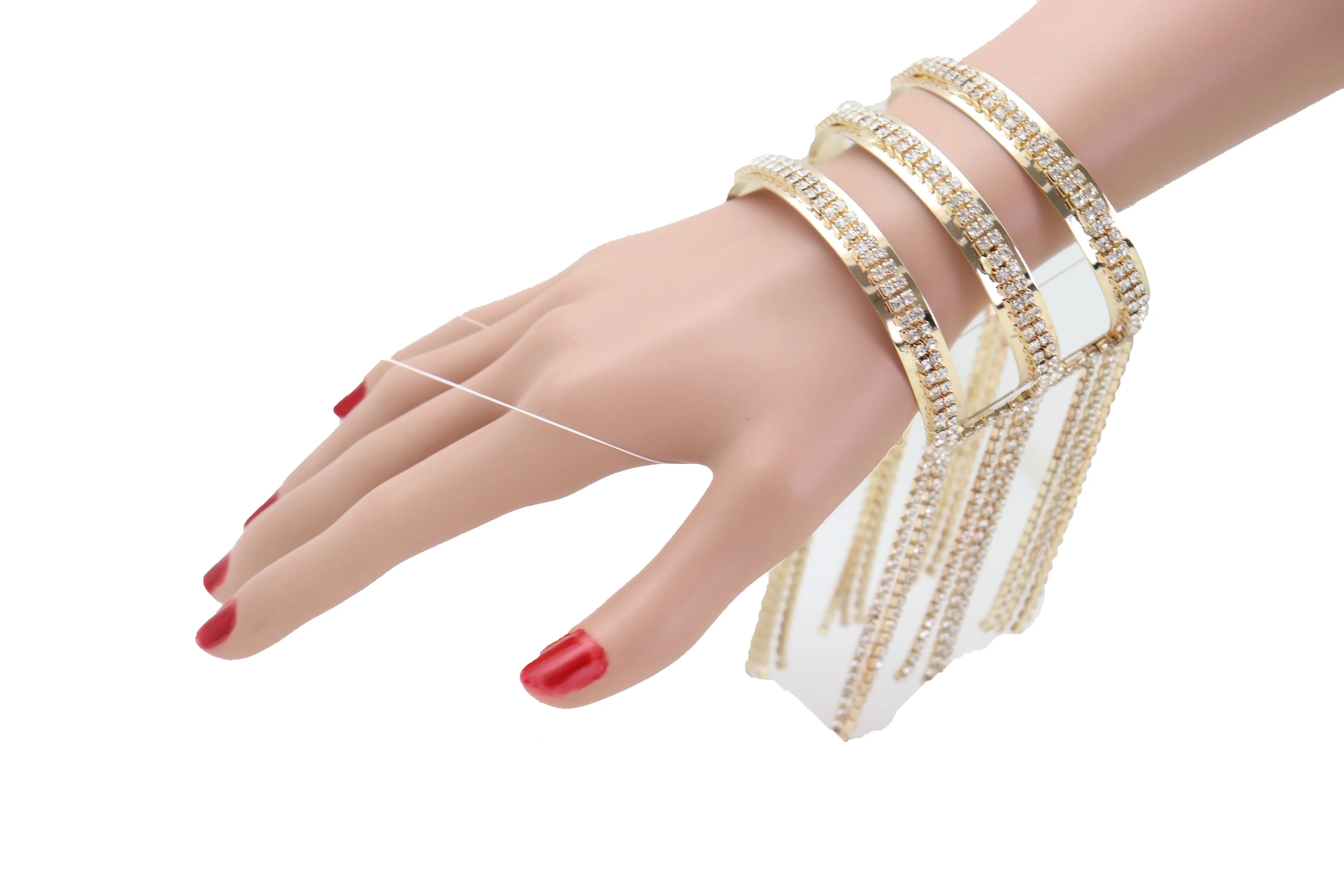 Fancy Fashion Gold Metal Cuff Bracelet Bling Long Tassel Fringes Jewelry