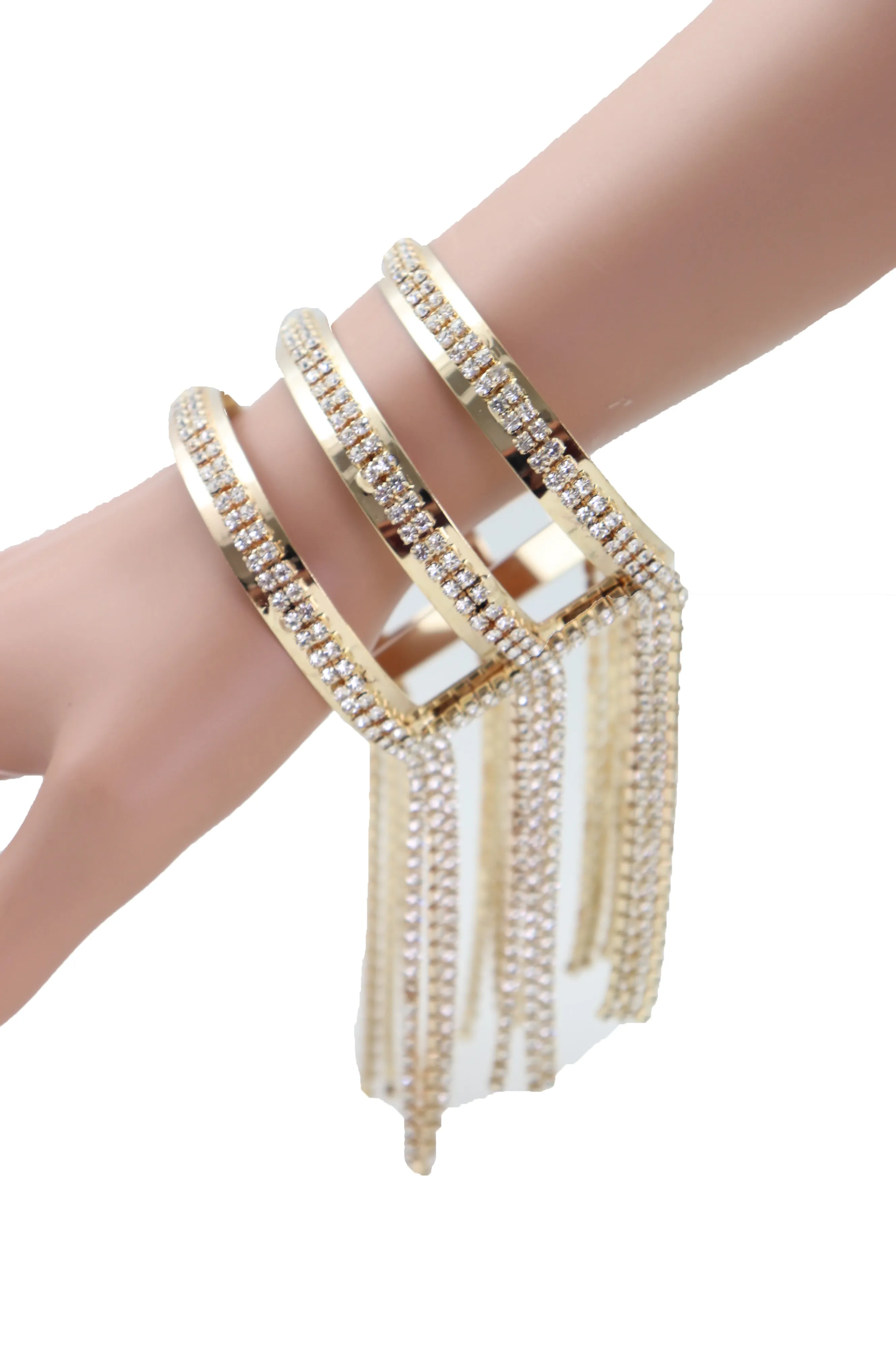 Fancy Fashion Gold Metal Cuff Bracelet Bling Long Tassel Fringes Jewelry