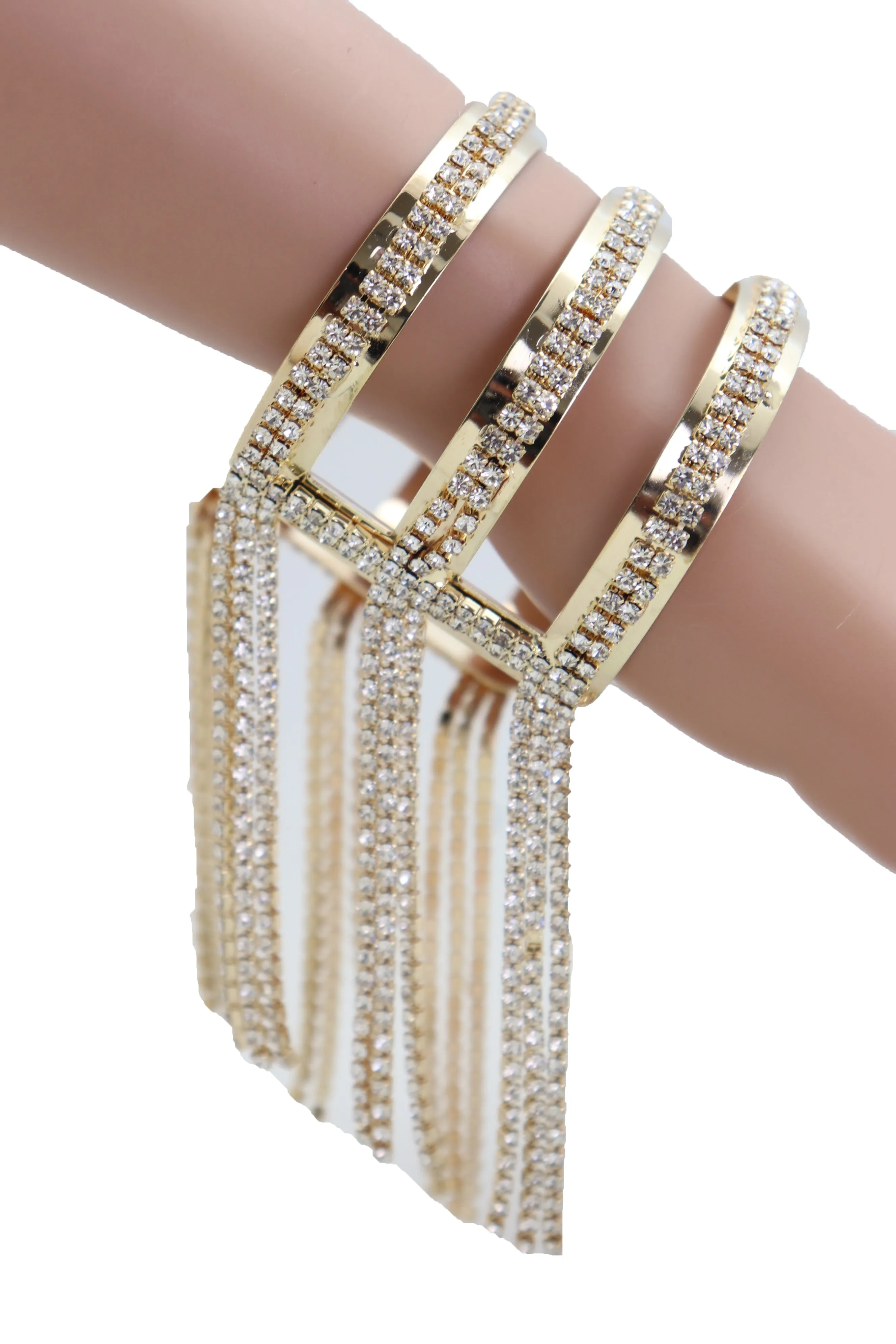 Fancy Fashion Gold Metal Cuff Bracelet Bling Long Tassel Fringes Jewelry