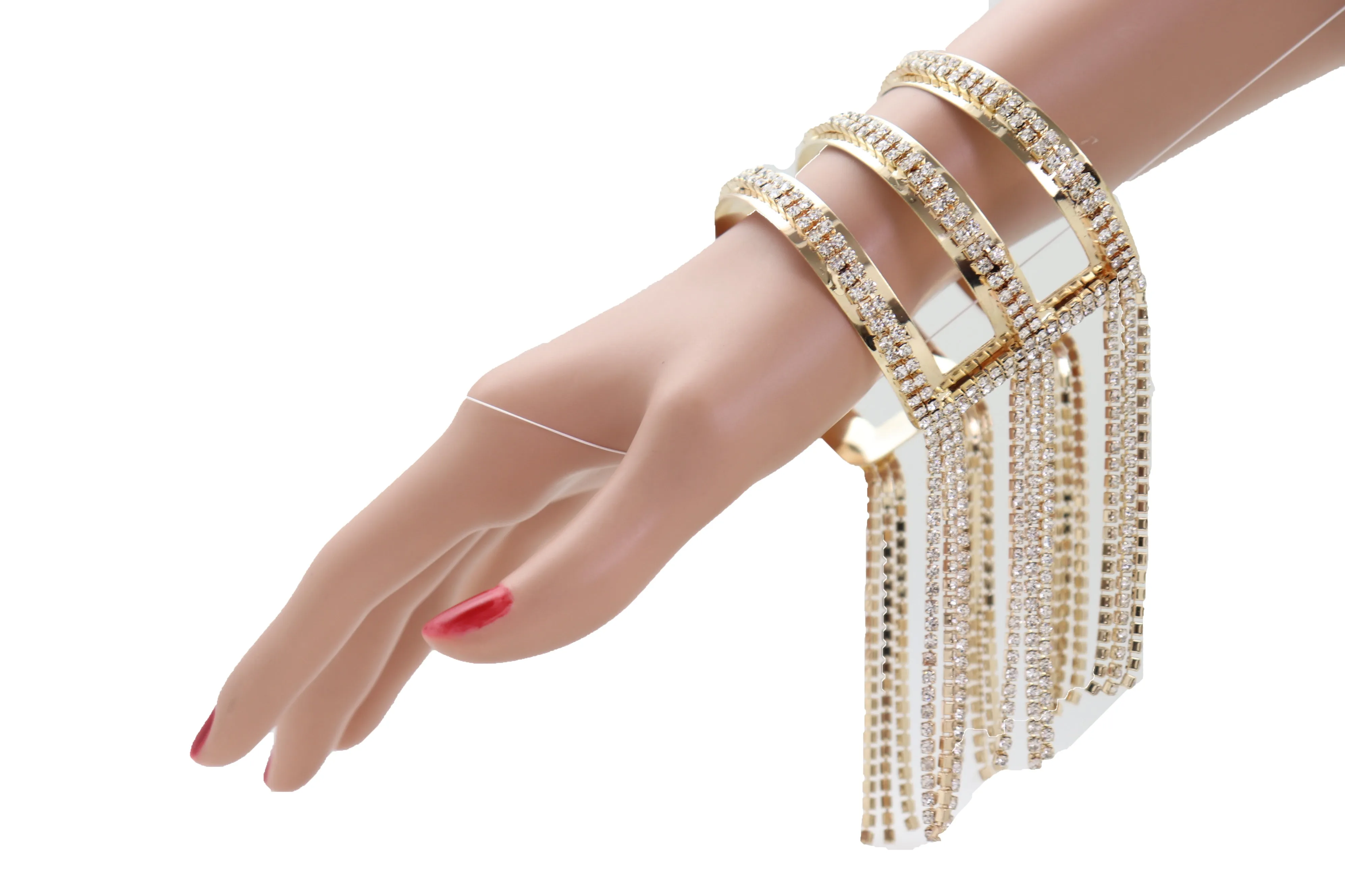 Fancy Fashion Gold Metal Cuff Bracelet Bling Long Tassel Fringes Jewelry