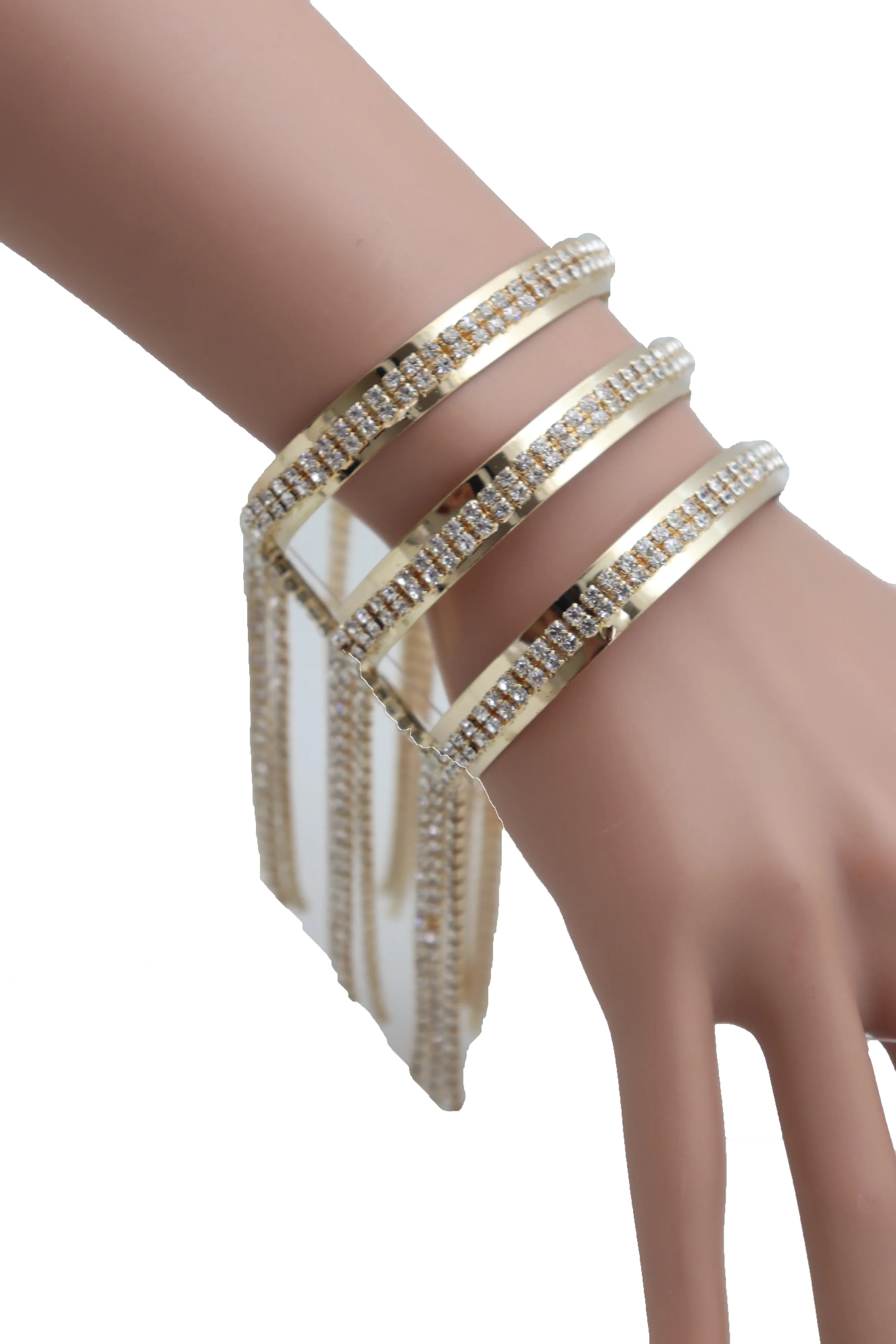 Fancy Fashion Gold Metal Cuff Bracelet Bling Long Tassel Fringes Jewelry