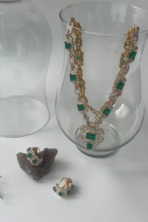 Gold Finish Long Zircon And Emerald Synthetic Necklace Set