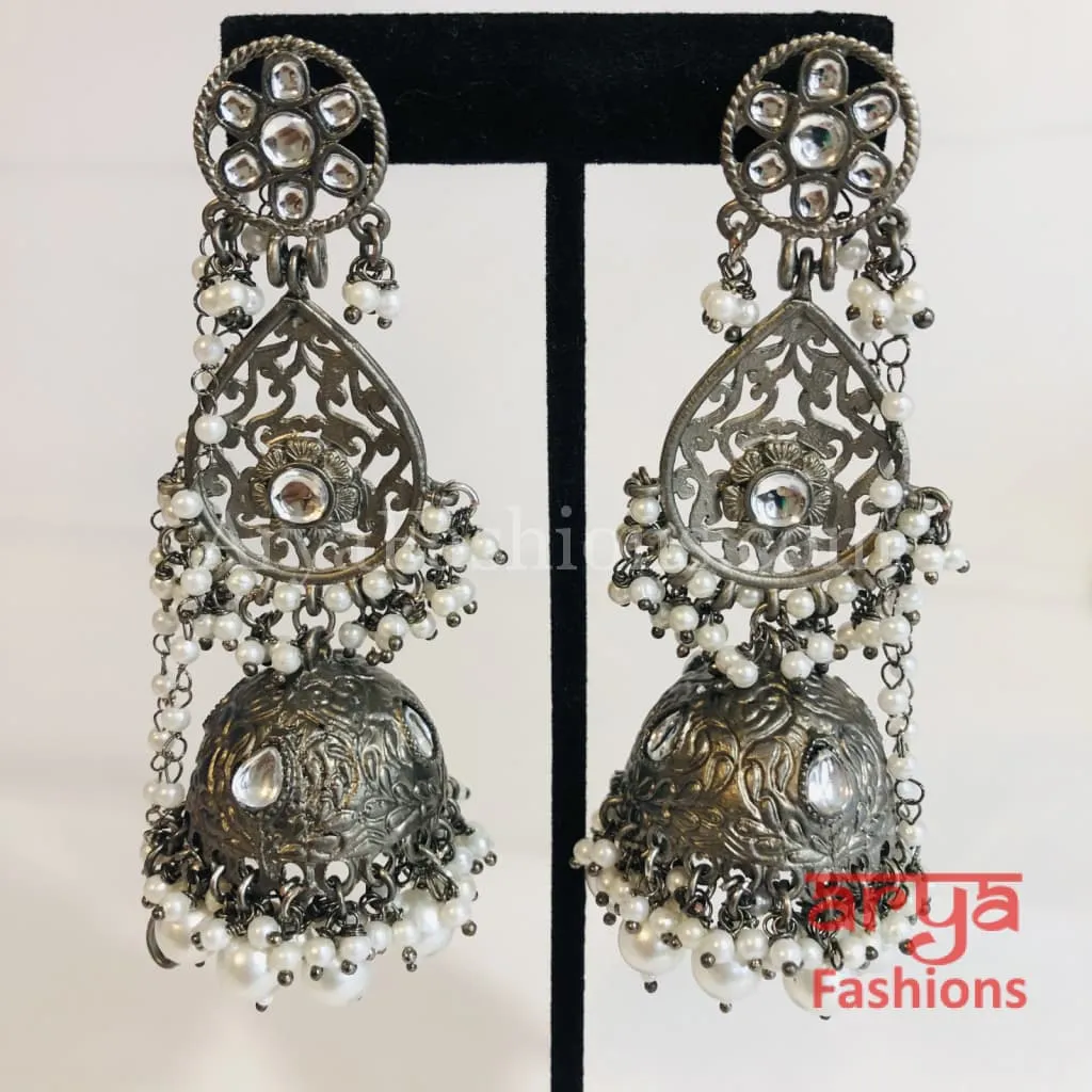 Gray Long Triple Jhumka Traditional Earrings