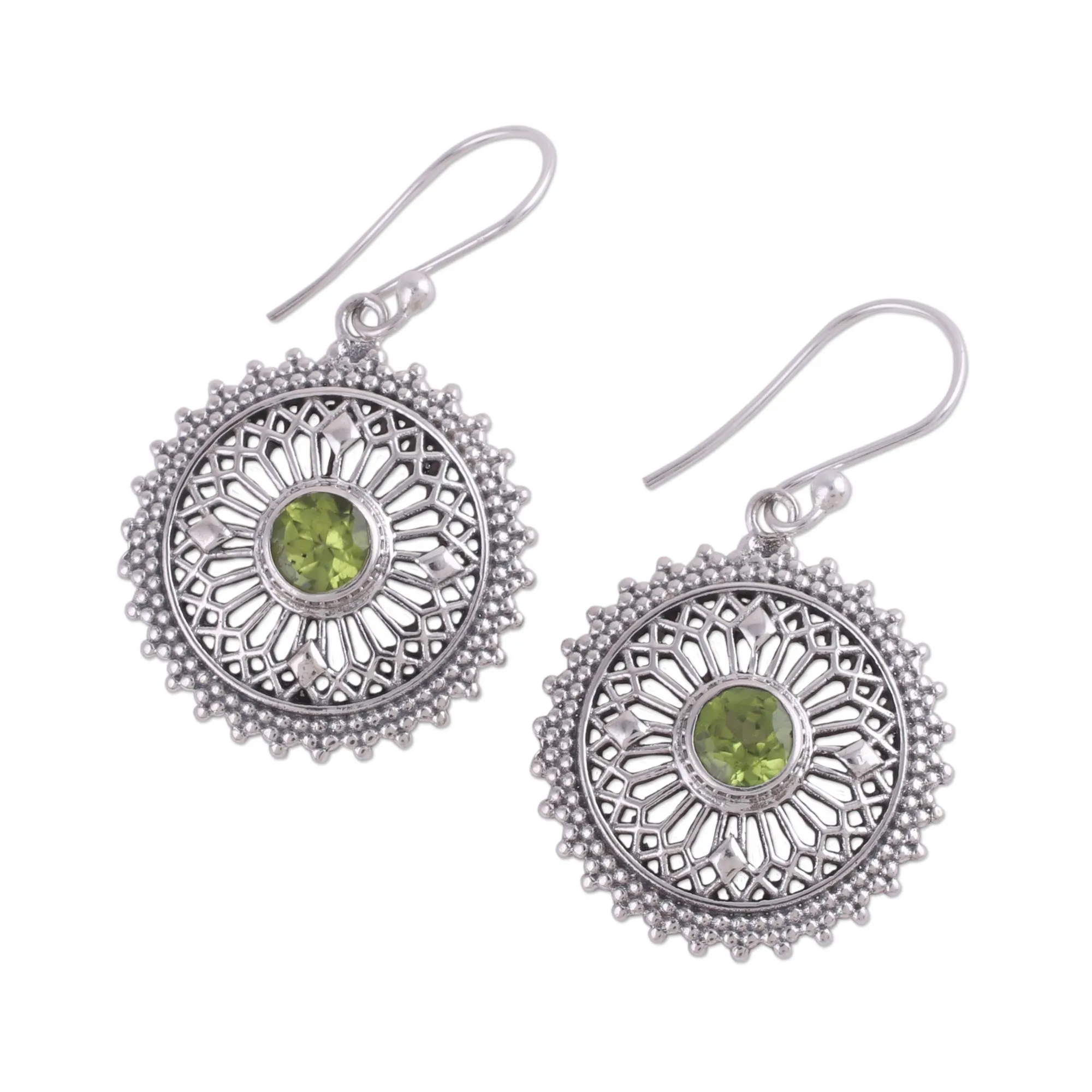 Green Suns Peridot Silver Dangle Earrings