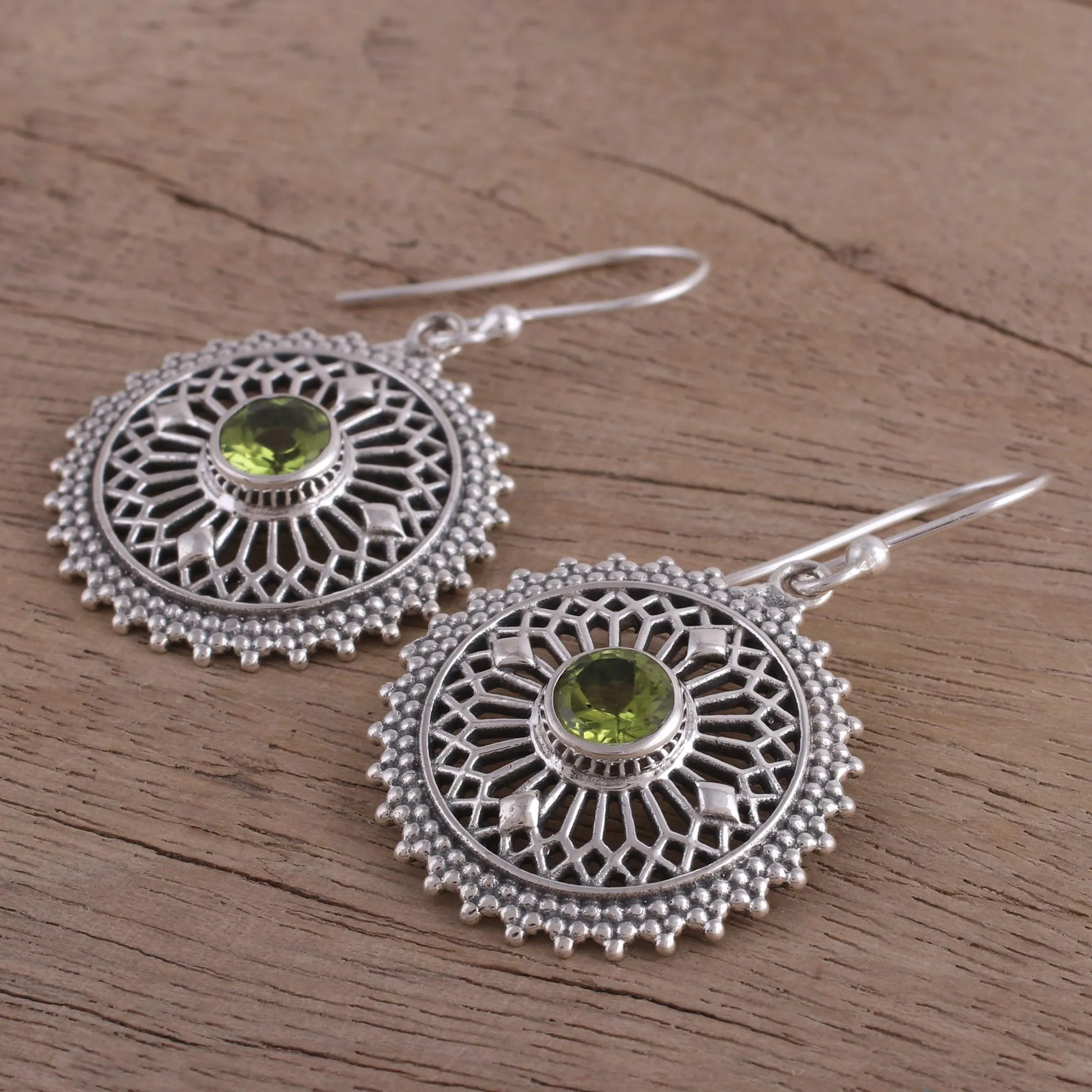 Green Suns Peridot Silver Dangle Earrings