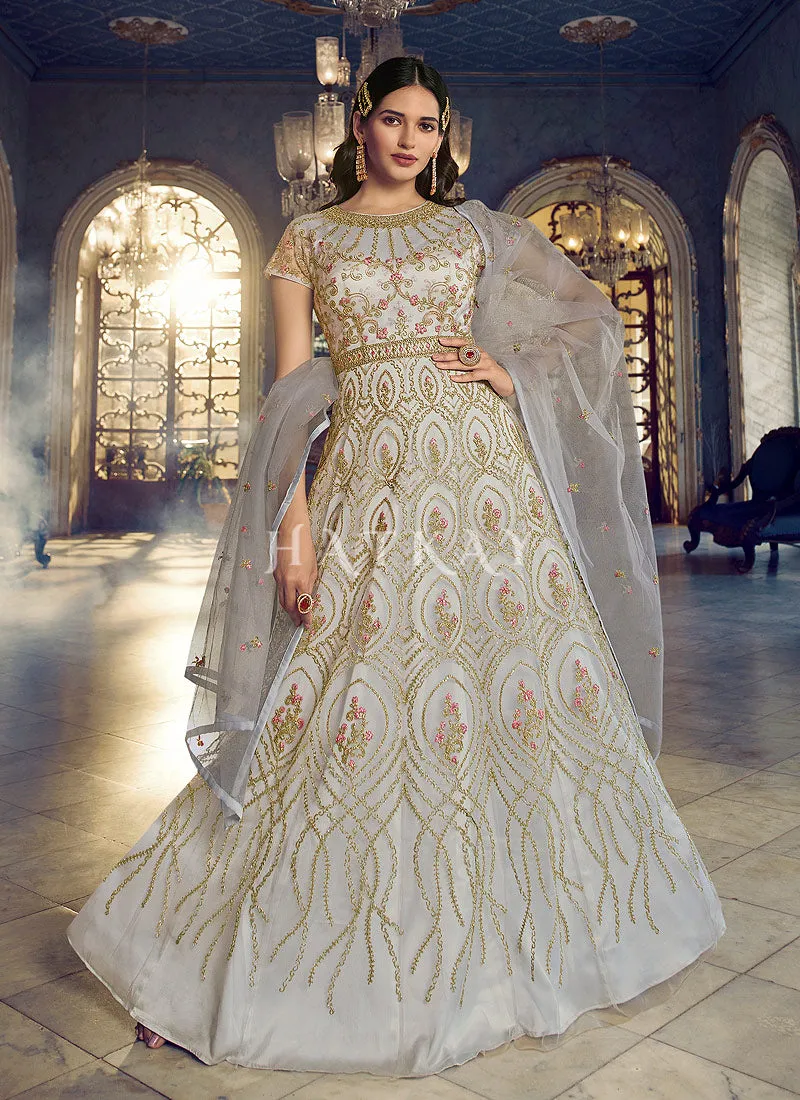 Grey Embroidered Traditional Net Anarkali Suit