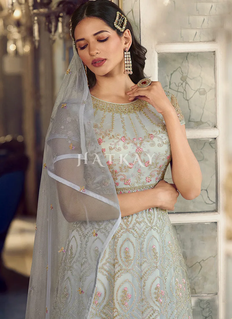 Grey Embroidered Traditional Net Anarkali Suit