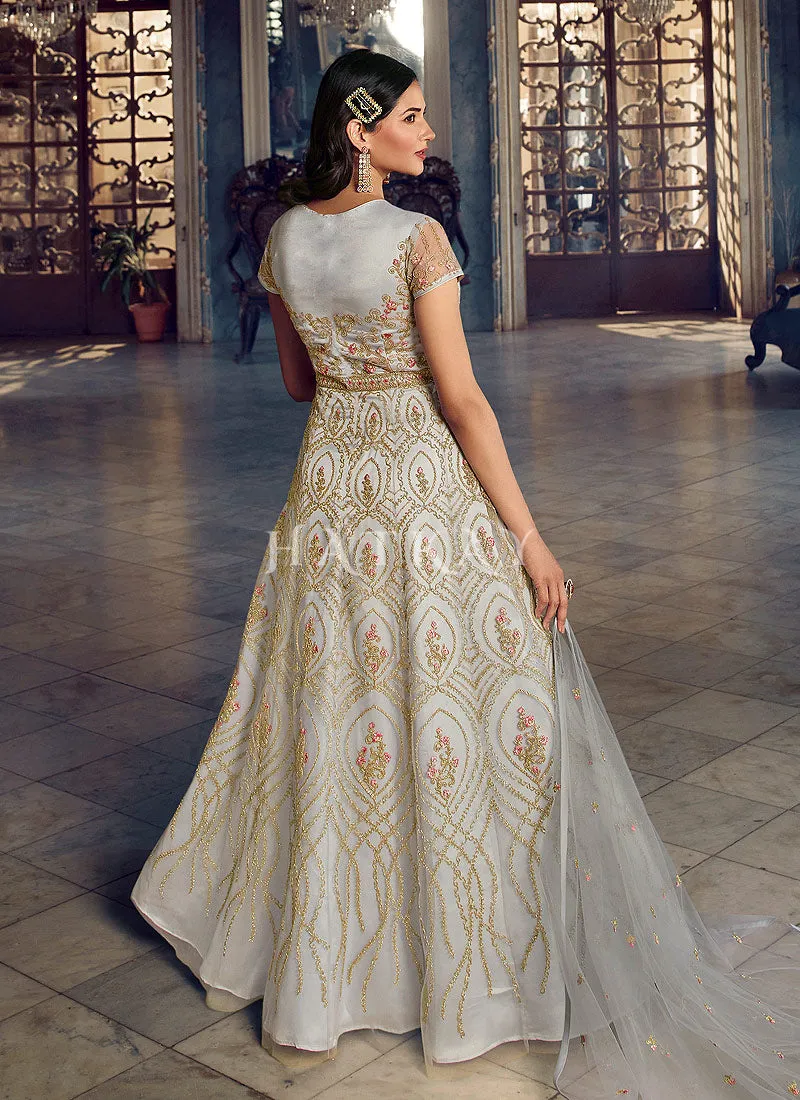 Grey Embroidered Traditional Net Anarkali Suit