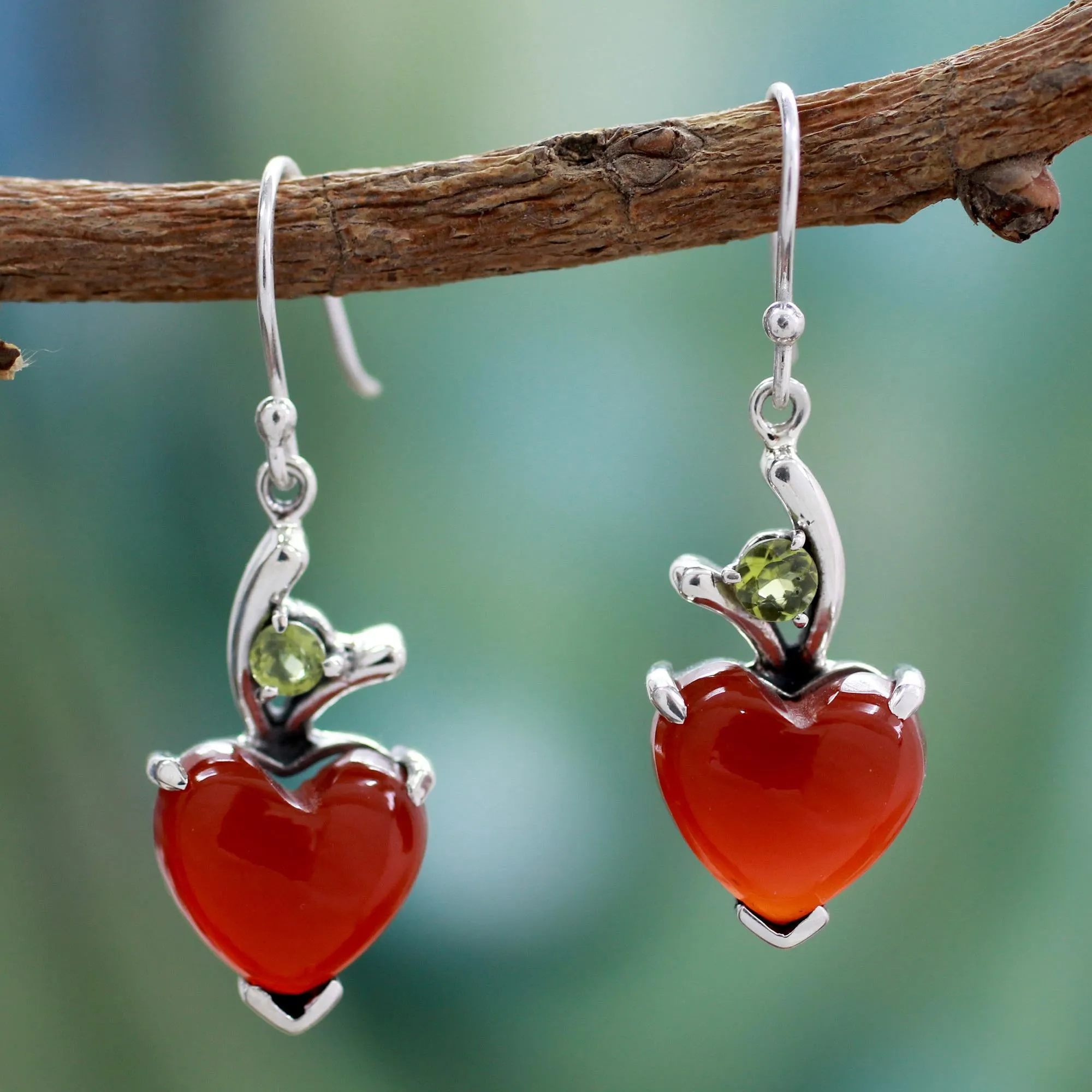 Heart Jewelry Earrings with Red Onyx and Peridot  - A Sigh of Romance | NOVICA