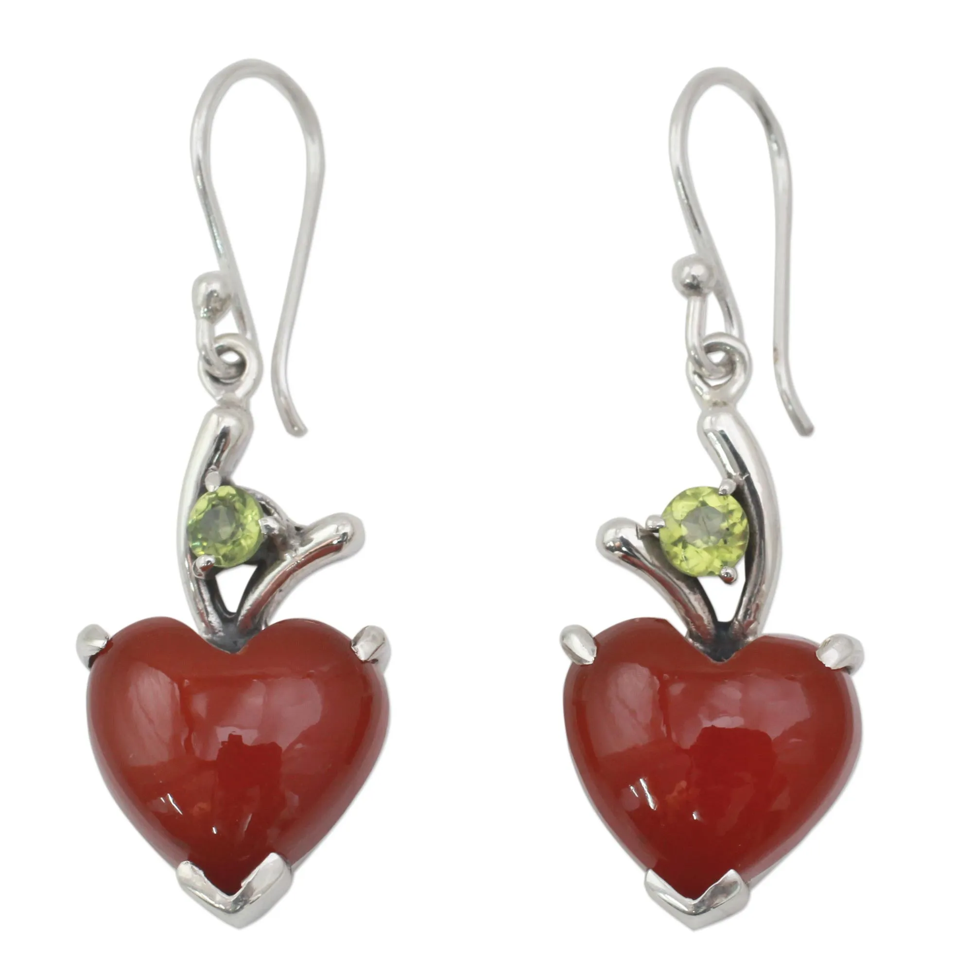 Heart Jewelry Earrings with Red Onyx and Peridot  - A Sigh of Romance | NOVICA