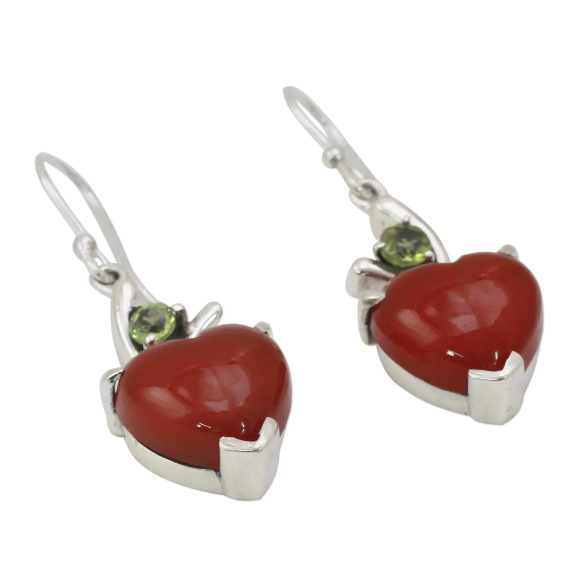 Heart Jewelry Earrings with Red Onyx and Peridot  - A Sigh of Romance | NOVICA