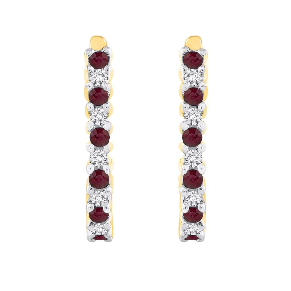 KATARINA Alternating Diamond with Ruby J-Hoop Earrings (1/3 cttw)