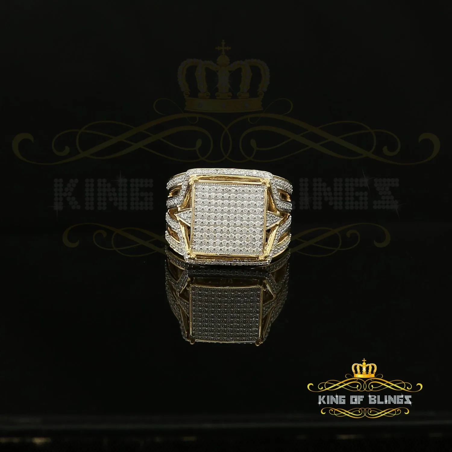 King Of Bling's 925 Yellow Silver Cubic Zirconia 3.00ct Men's Adjustable Ring From Size 9 to 11