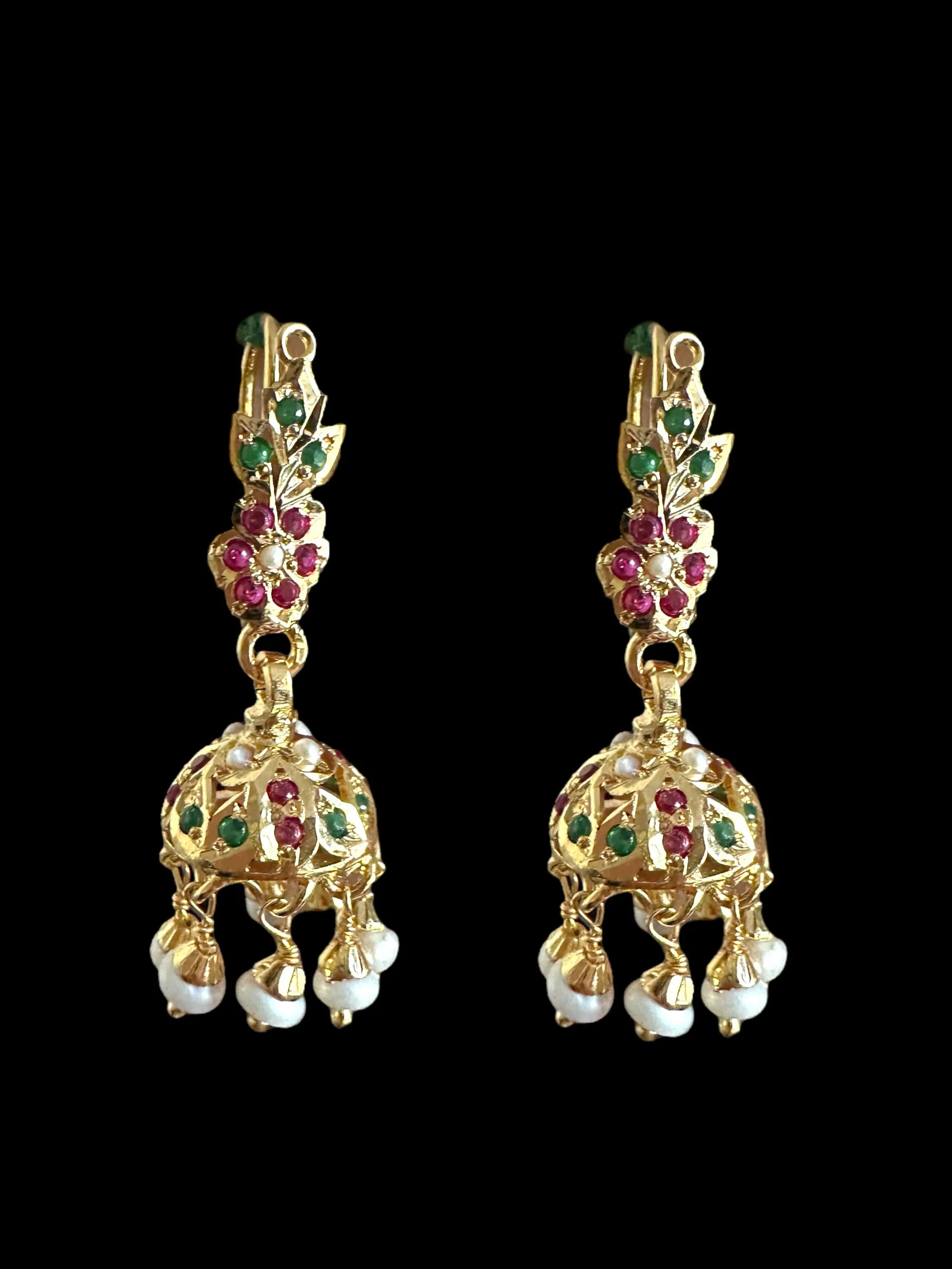 Light weight jhumka earrings in gold plated silver - ruby emerlad ( READY TO SHIP )