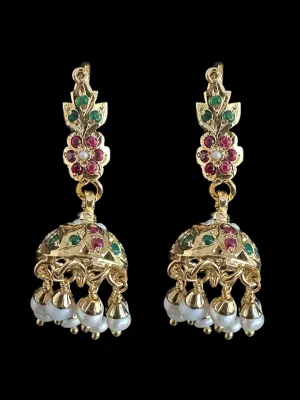 Light weight jhumka earrings in gold plated silver - ruby emerlad ( READY TO SHIP )