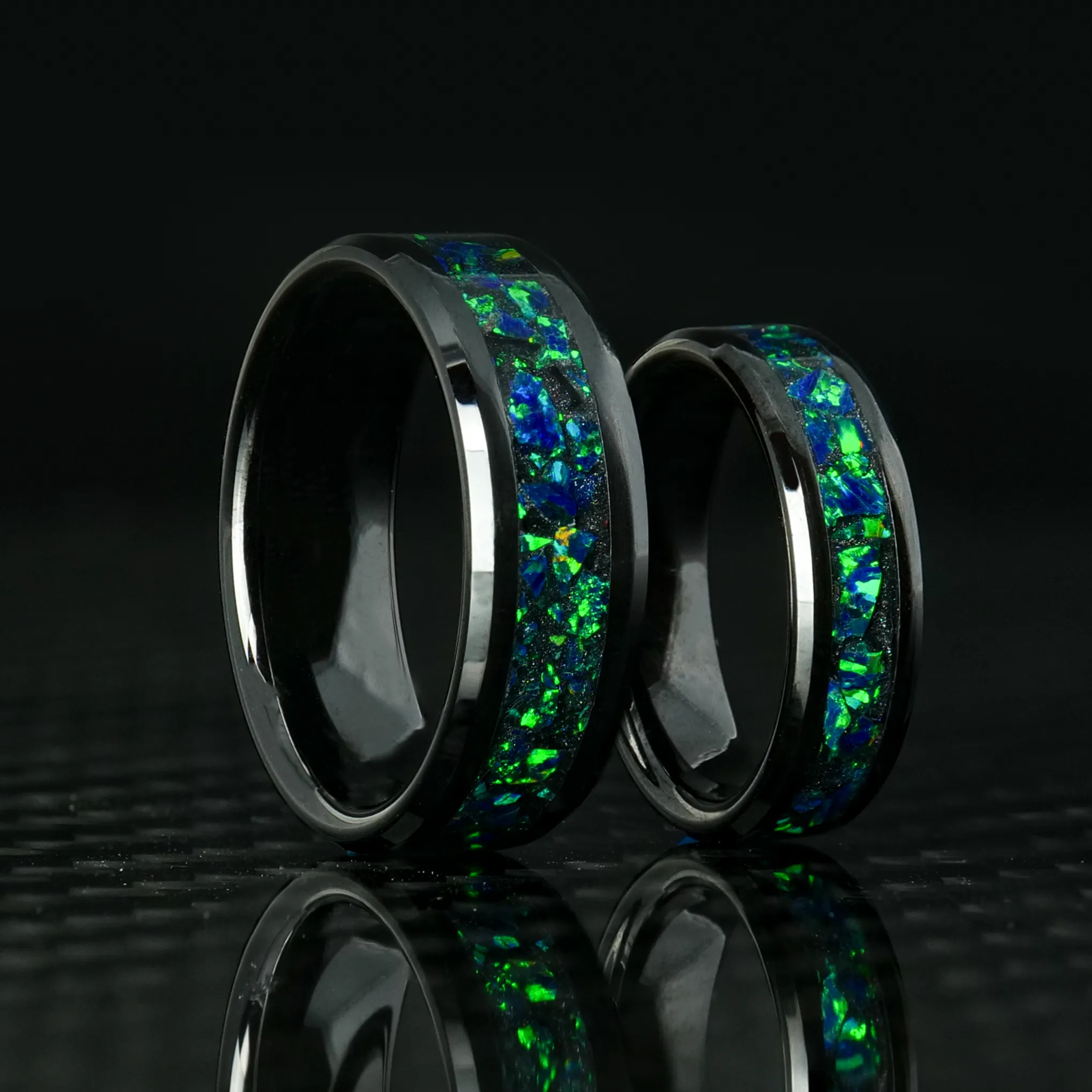 Matching Black Emerald Opal Glowstone Wedding Ring Set