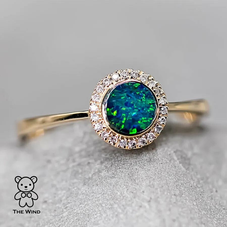 Minimalist Round Shaped Australian Doublet Opal & Diamond Ring 14K Yellow Gold