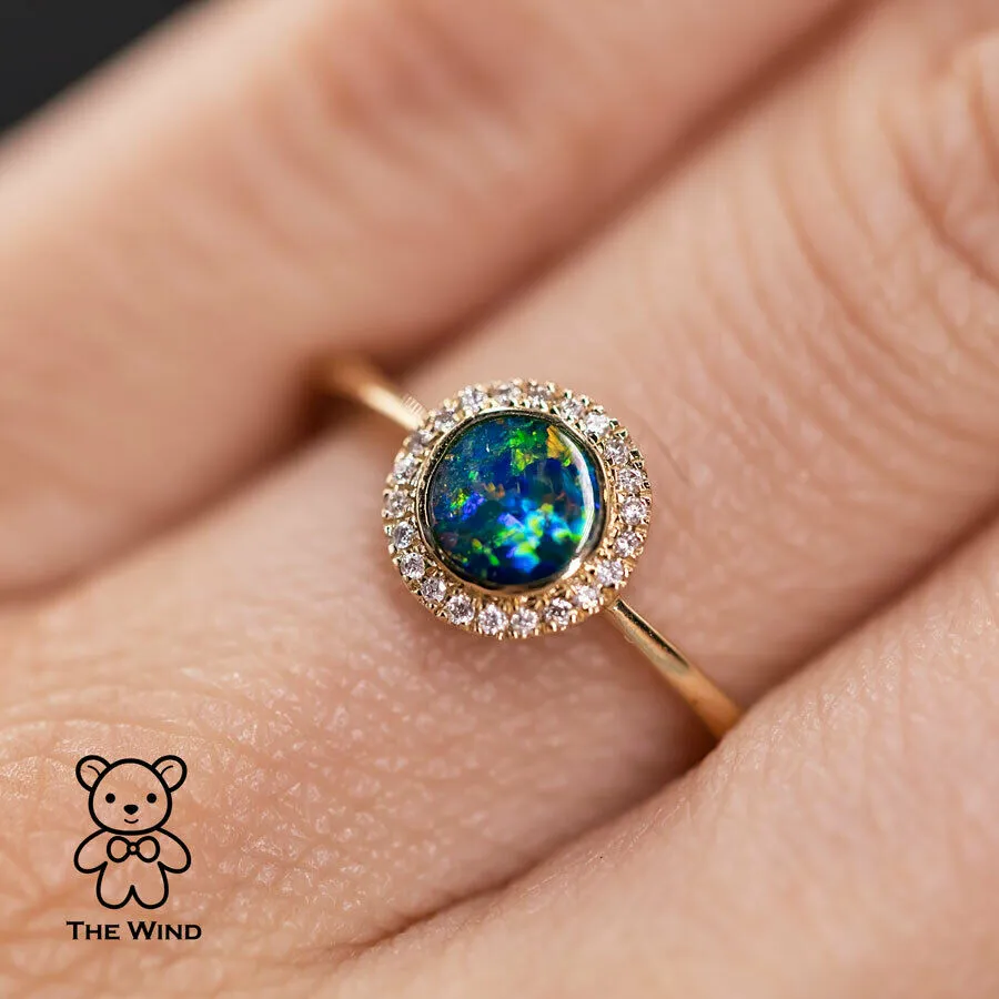 Minimalist Round Shaped Australian Doublet Opal & Diamond Ring 14K Yellow Gold