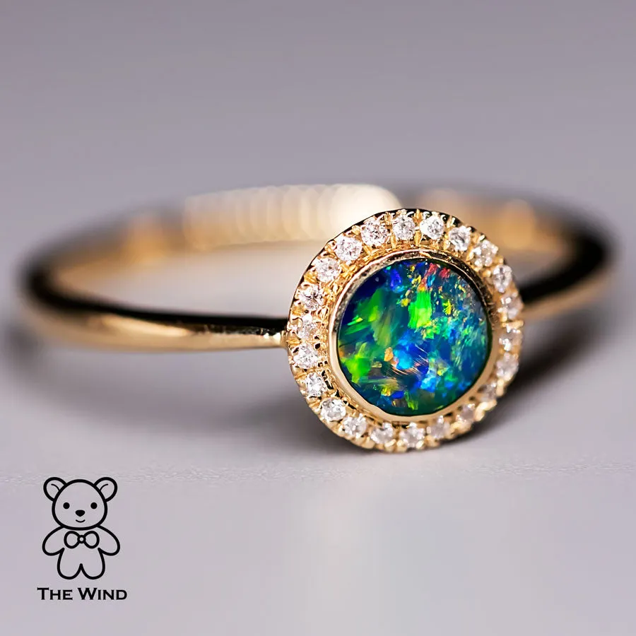 Minimalist Round Shaped Australian Doublet Opal & Diamond Ring 14K Yellow Gold