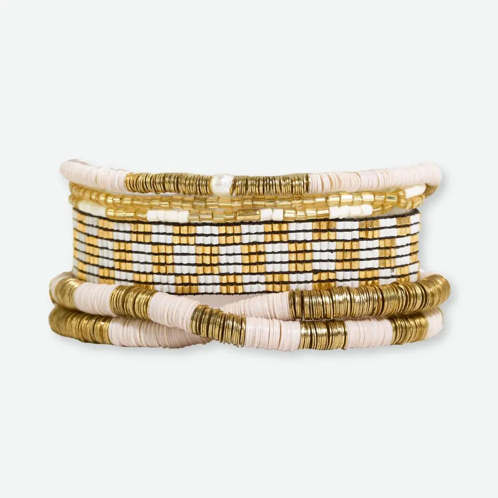 Mixed Bracelet Stack of 6 Ivory and Gold