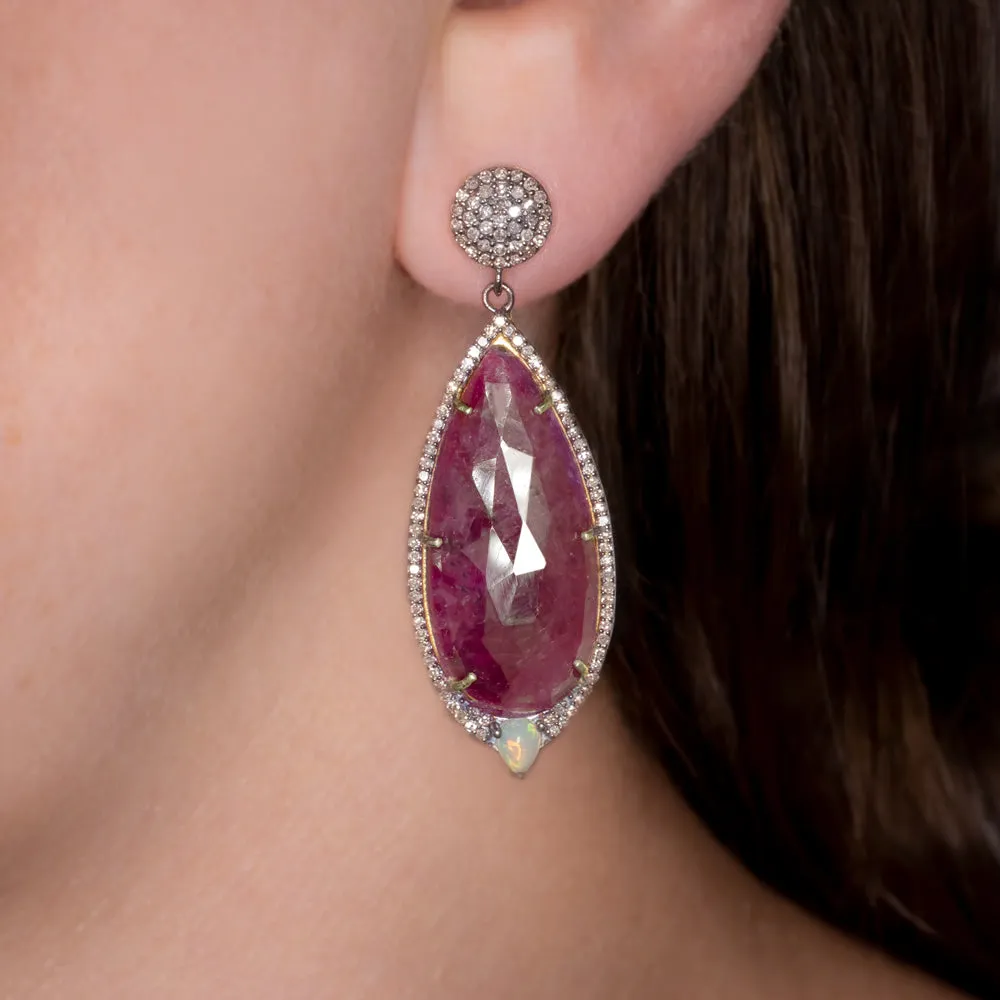 NATURAL RUBY DIAMOND EARRINGS STATEMENT DROP DANGLE PEAR TEARDROP RED BIG LONG