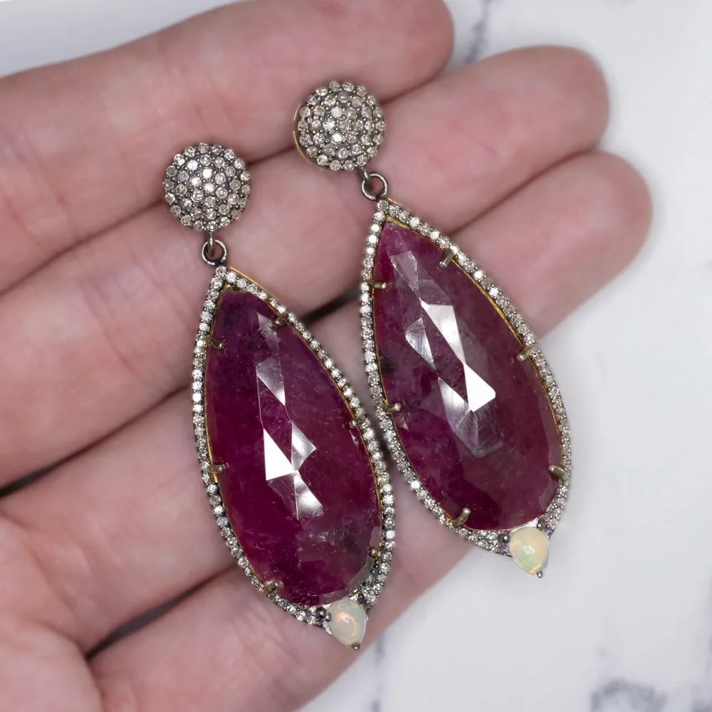 NATURAL RUBY DIAMOND EARRINGS STATEMENT DROP DANGLE PEAR TEARDROP RED BIG LONG