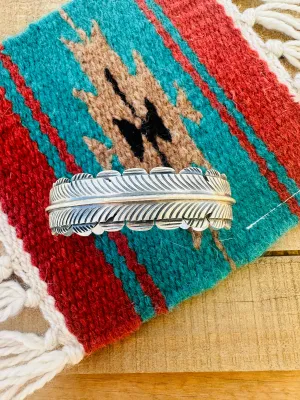 Navajo Hand Stamped Sterling Silver Feather Cuff Bracelet