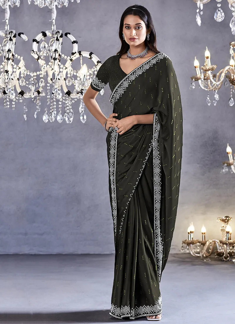 Olive Green Stone Work Embroidery Wedding Saree