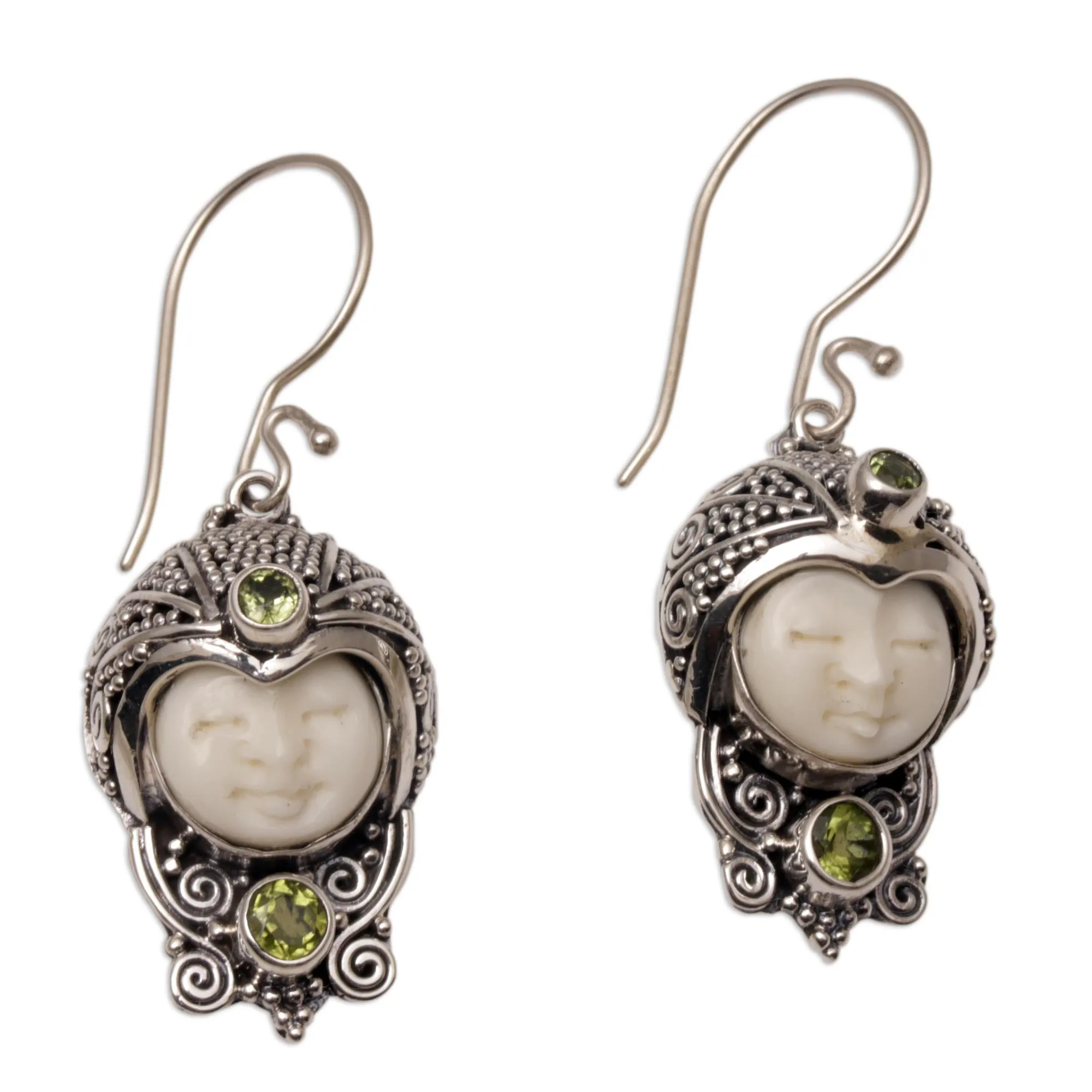 Peridot and Cow Bone Sterling Silver Celuk Dangle Earrings - Celuk Prince | NOVICA