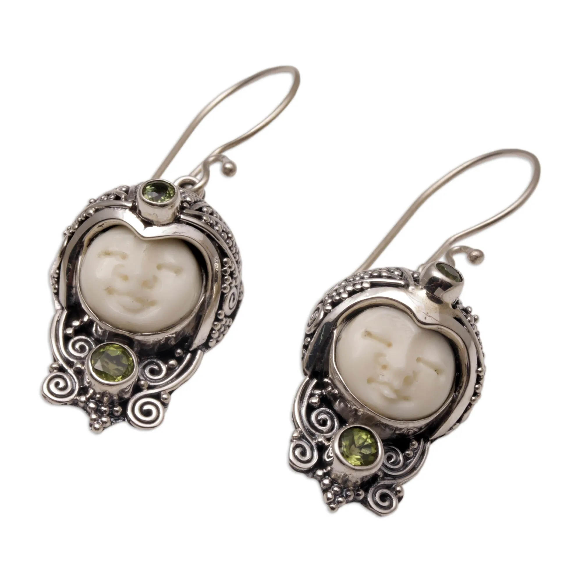 Peridot and Cow Bone Sterling Silver Celuk Dangle Earrings - Celuk Prince | NOVICA