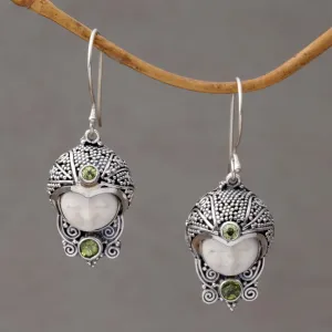 Peridot and Cow Bone Sterling Silver Celuk Dangle Earrings - Celuk Prince | NOVICA