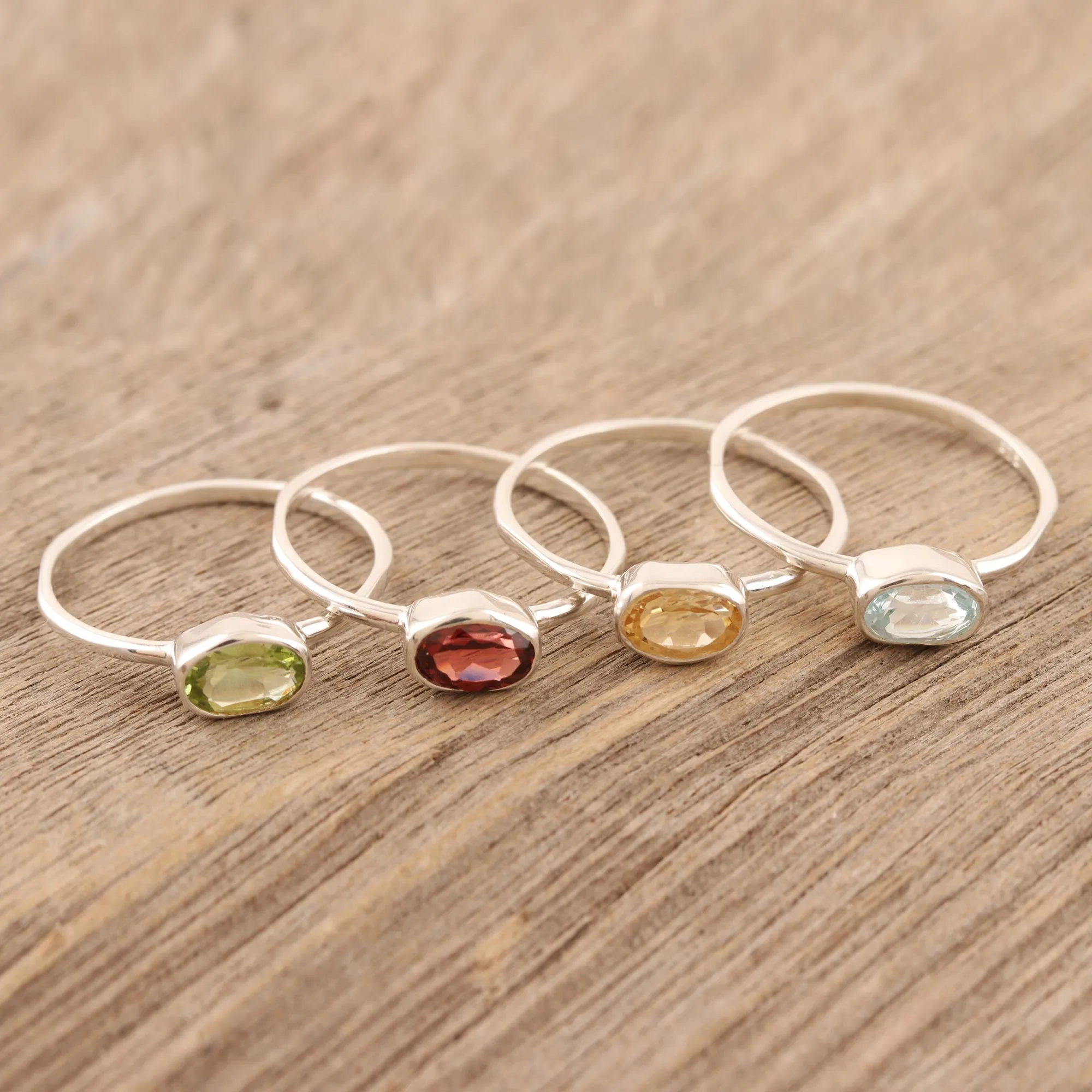 Peridot and Garnet Single Stone Rings (Set of 4) - Four Elements | NOVICA