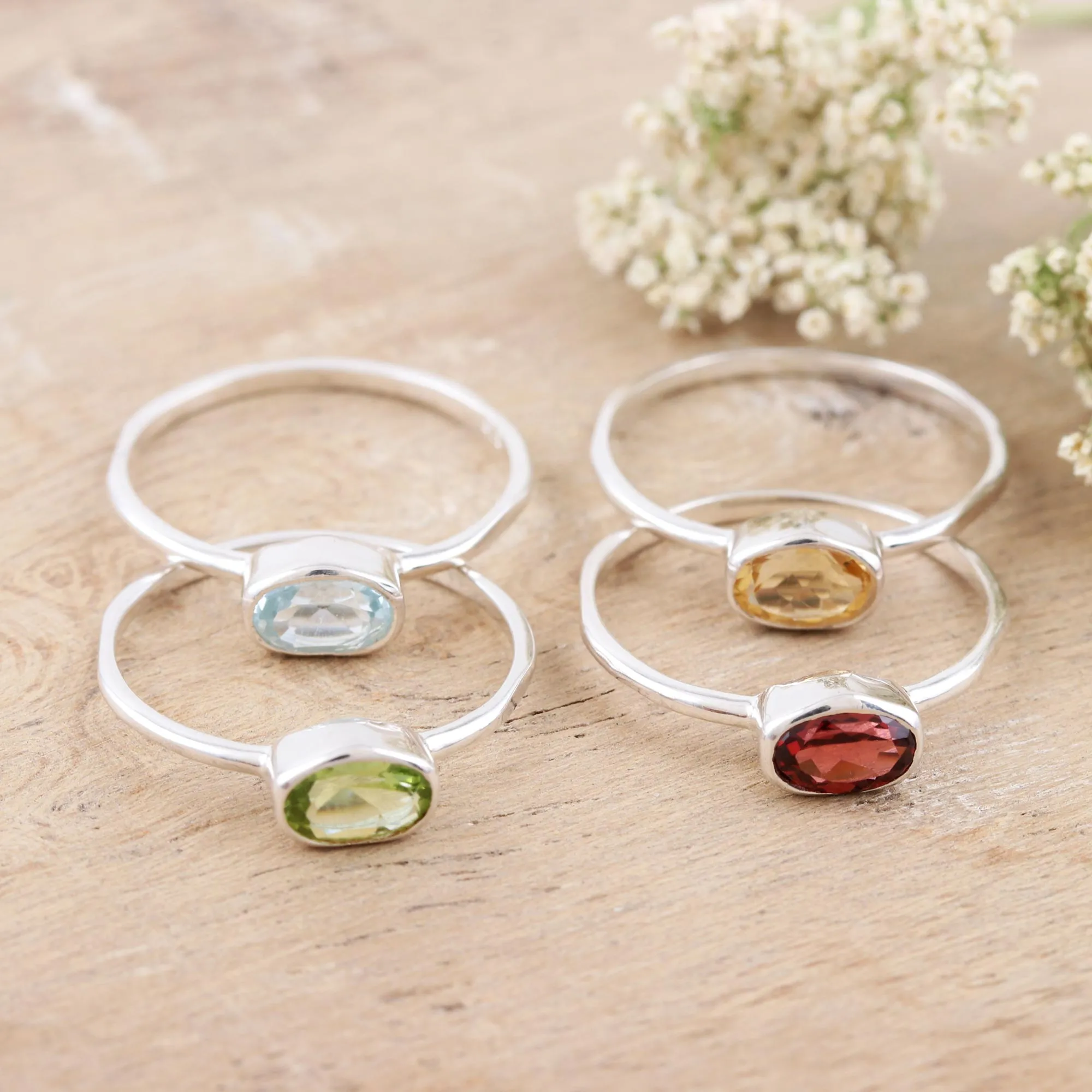 Peridot and Garnet Single Stone Rings (Set of 4) - Four Elements | NOVICA