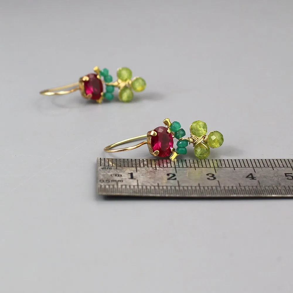 Pink Zircon Corundum Green Onyx Peridot Clover Earrings