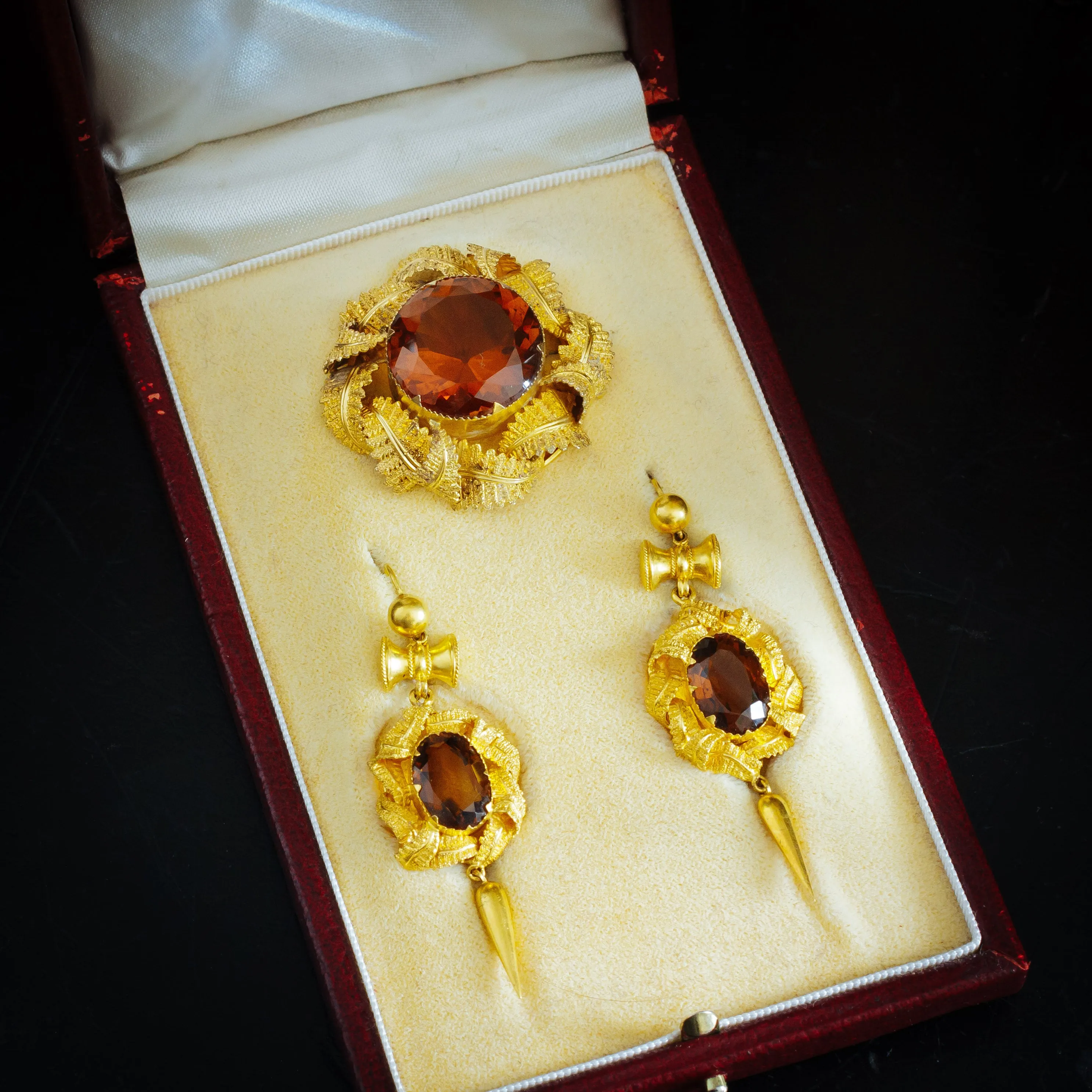 Pristine Victorian Gold Work Citrine Earrings & Brooch