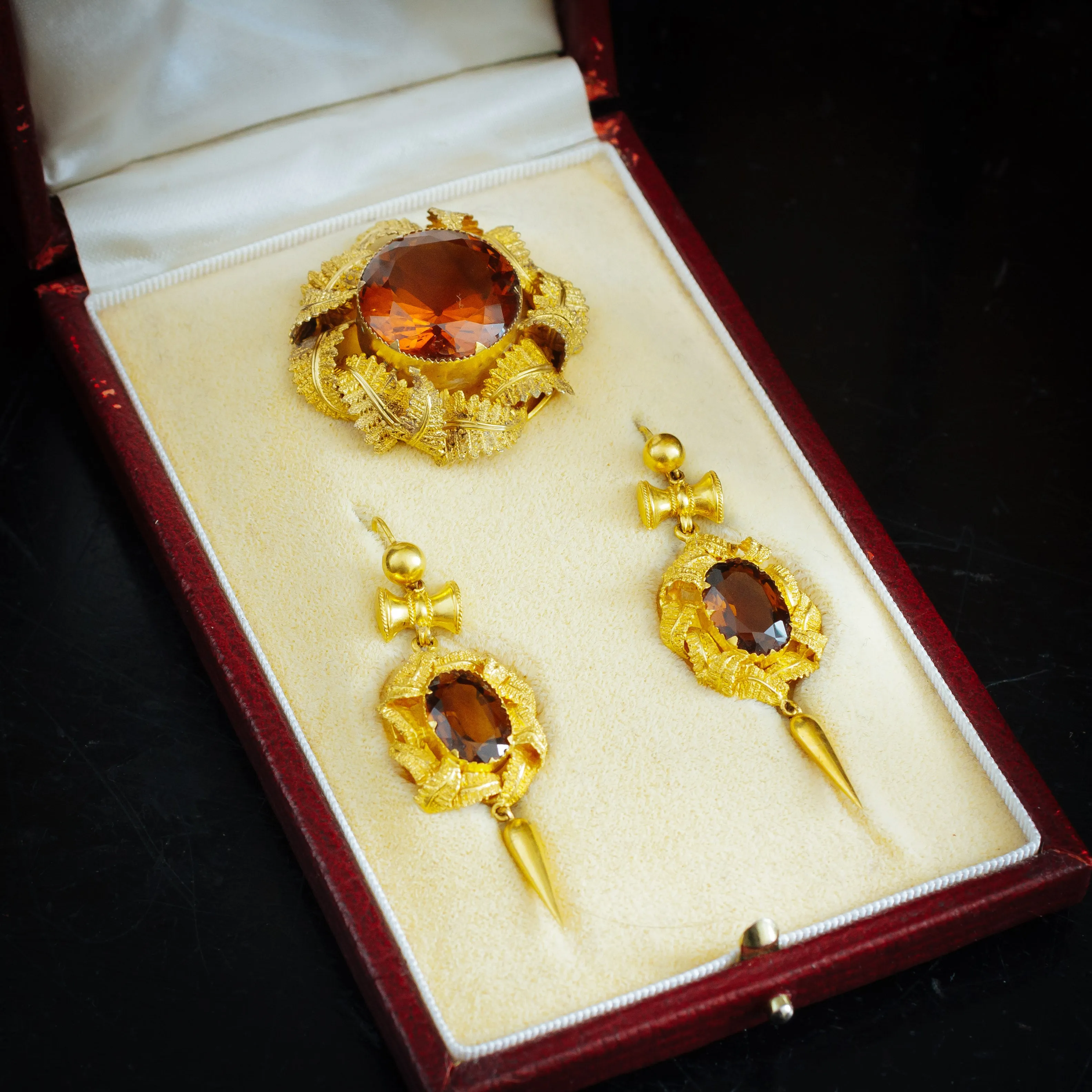 Pristine Victorian Gold Work Citrine Earrings & Brooch